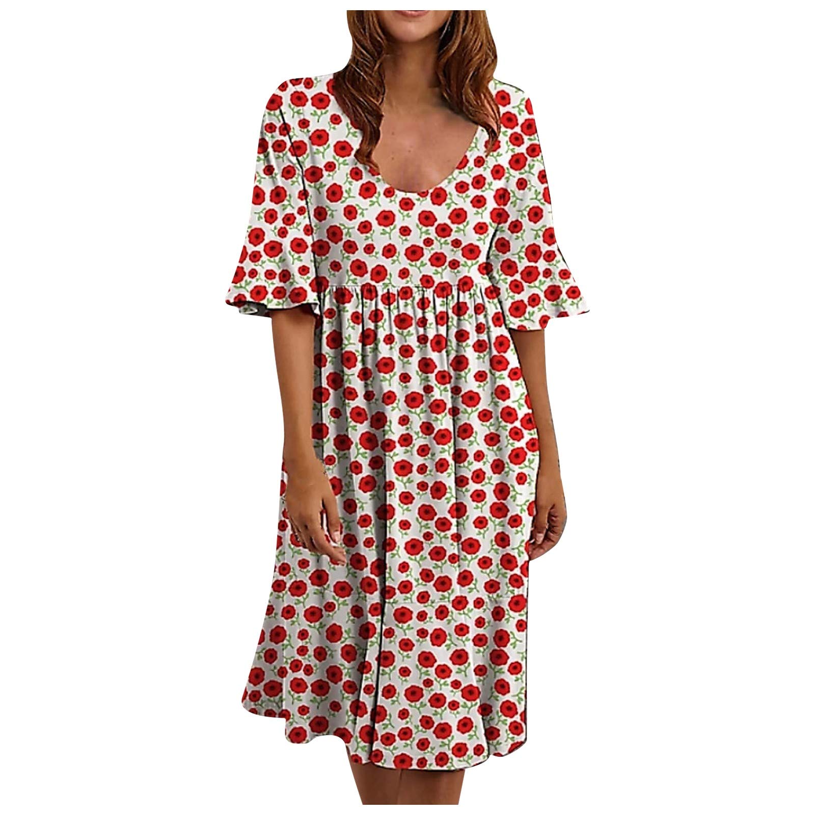 iQKA Women's Floral Print Summer Casual Dress - Short Sleeve Scoop Neck A-Line Swing Shirt Dress for Beach, Vacation & Daily Wear