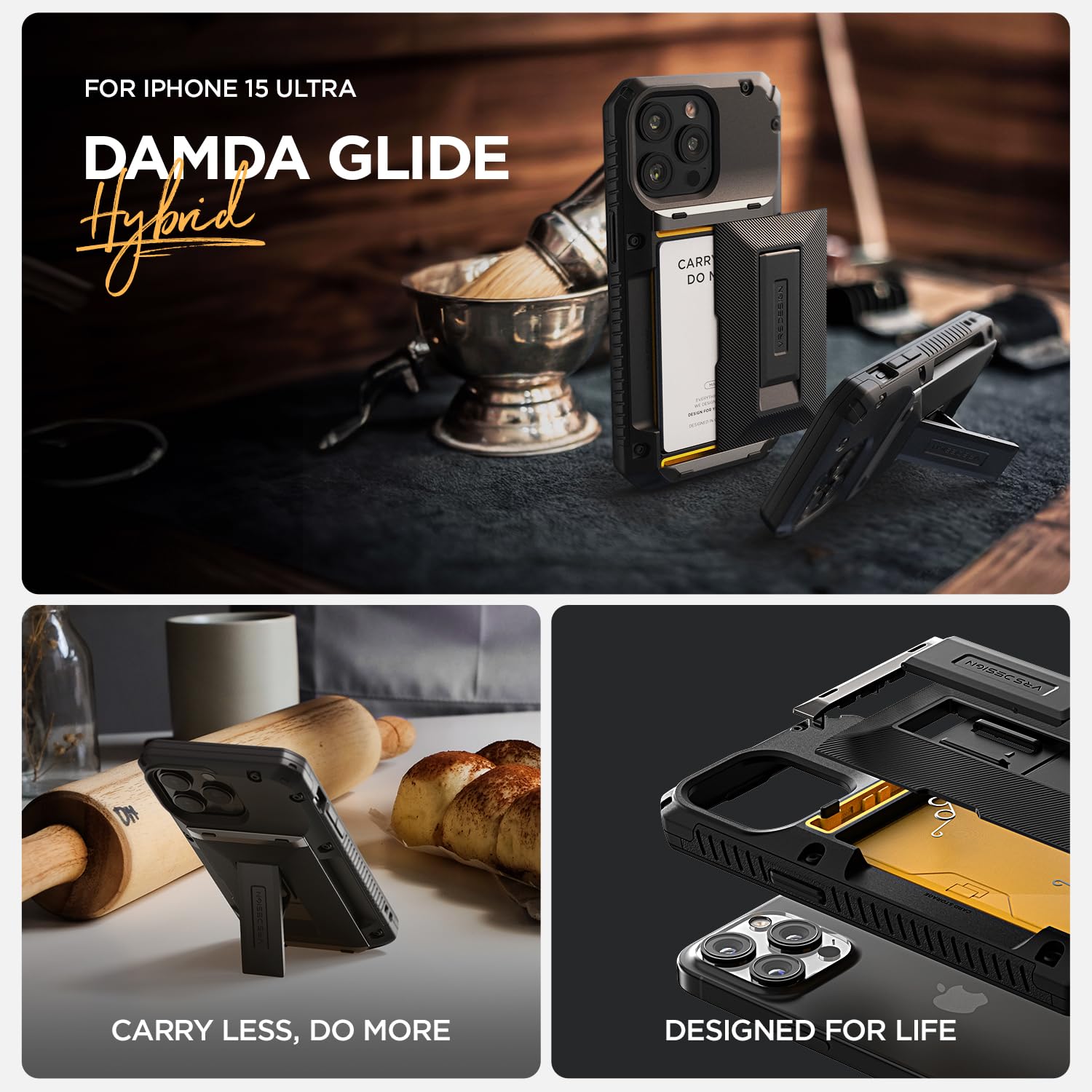 VRS DESIGN Damda Glide Hybrid Phone Case for iPhone 15 Pro Max (2023) - Slim Protective Cover with Built-in Wallet, Card Holder & Kickstand | Shockproof & Durable | Groove Black | Perfect for Work, Travel & Everyday Use