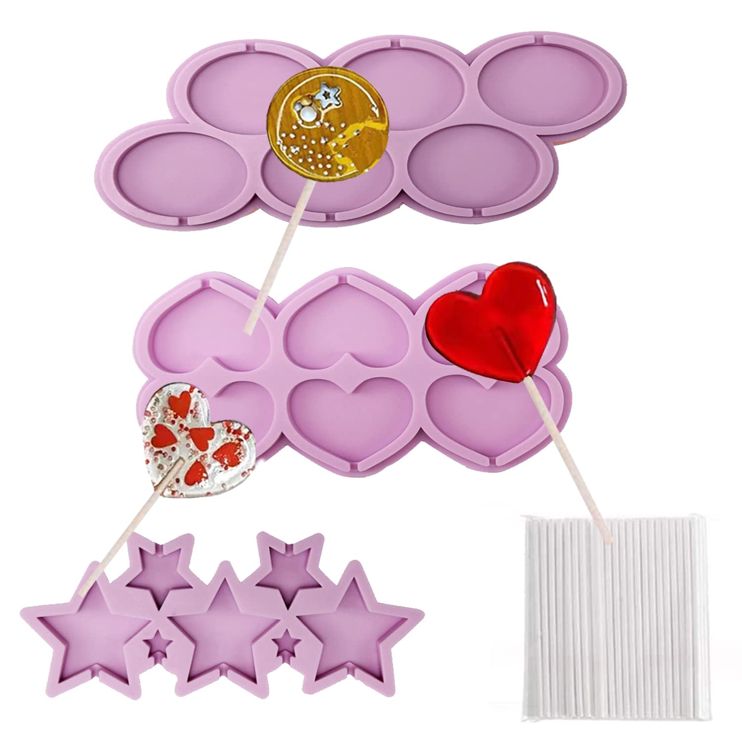 ELANE 3 Pcs Silicone Lollipop Molds with 100 Pcs Sticks - Reusable Candy & Chocolate Molds for DIY Treats, Birthday Parties, and Holiday Gifts