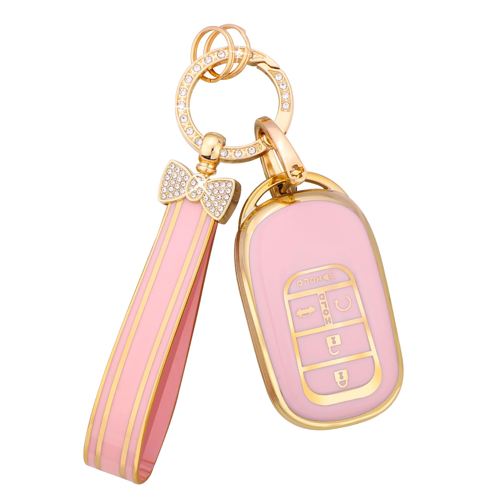 PIFOOG Pink Gold Key Fob Cover for Honda CRV HRV Civic Accord Pilot 2023 2024 - 5 Buttons TPU Key Case Shell Protector, Bling Keychain Accessories for Women (Perfect for Daily Use & Car Key Protection)