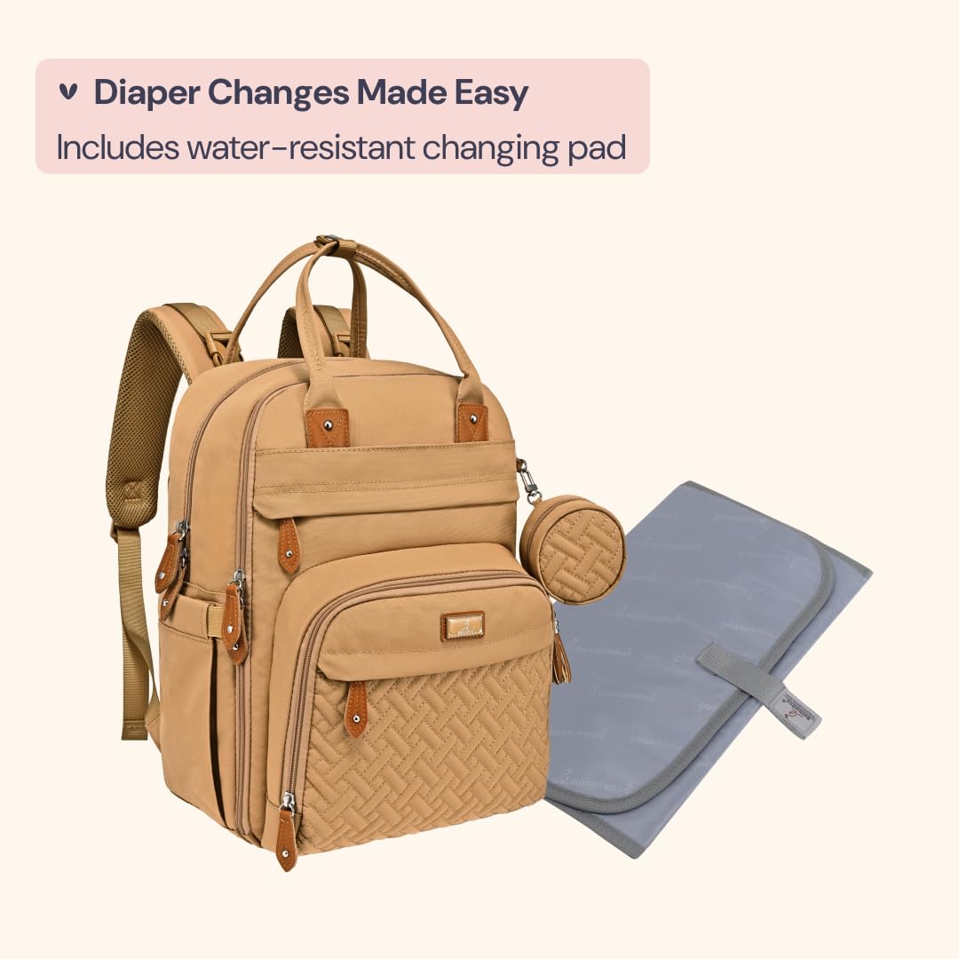 BabbleRoo Waterproof Diaper Backpack - Multifunctional Baby Travel Bag with Changing Pad, Stroller Straps & Pacifier Case | Unisex Beige Diaper Tote for Parents | Perfect for Daycare, Travel & On-the-Go Parenting