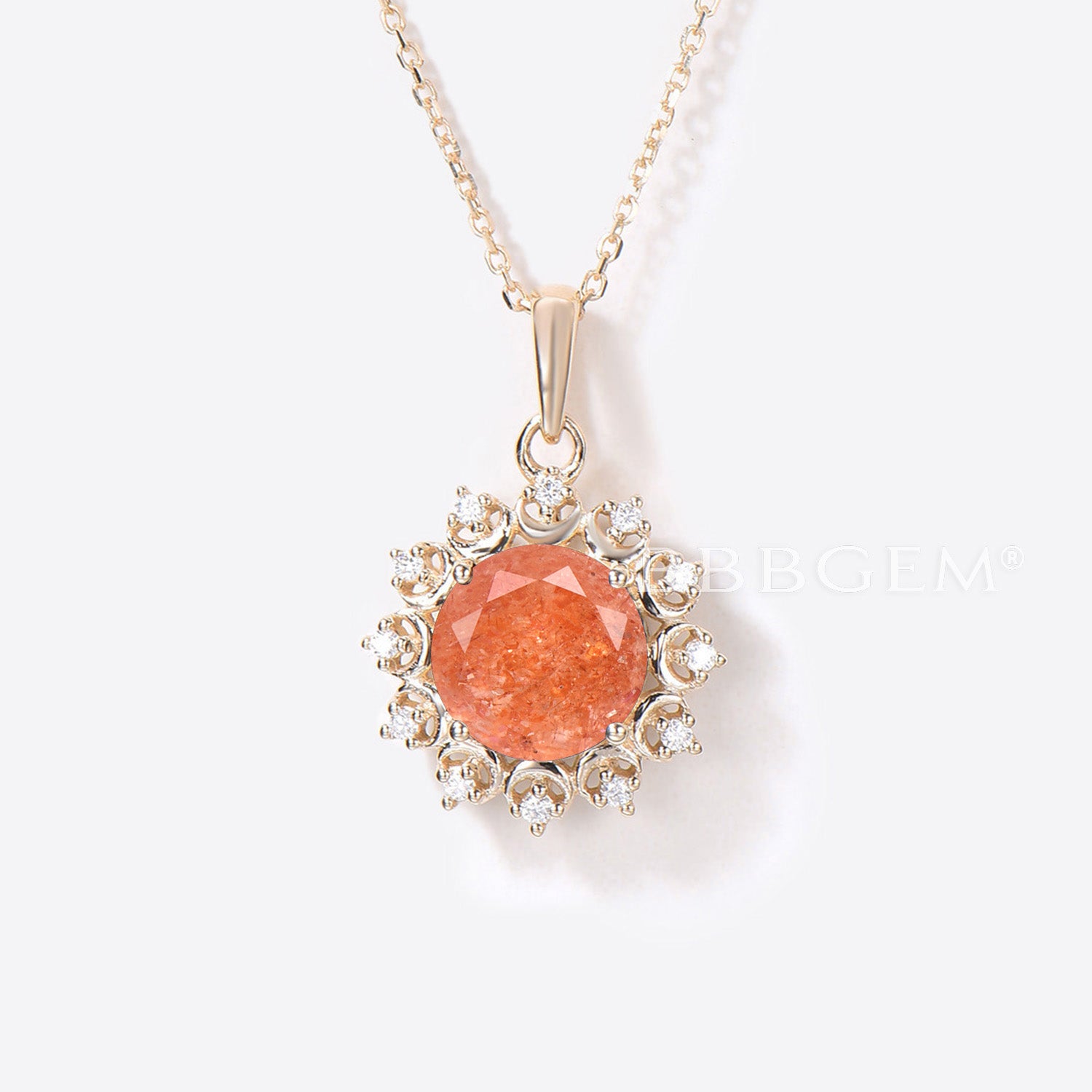 Solid Gold Round Sunstone Necklace with Celestial Moon Halo Diamond Pendant - Elegant Jewelry for Women, Perfect for Weddings, Parties & Special Occasions