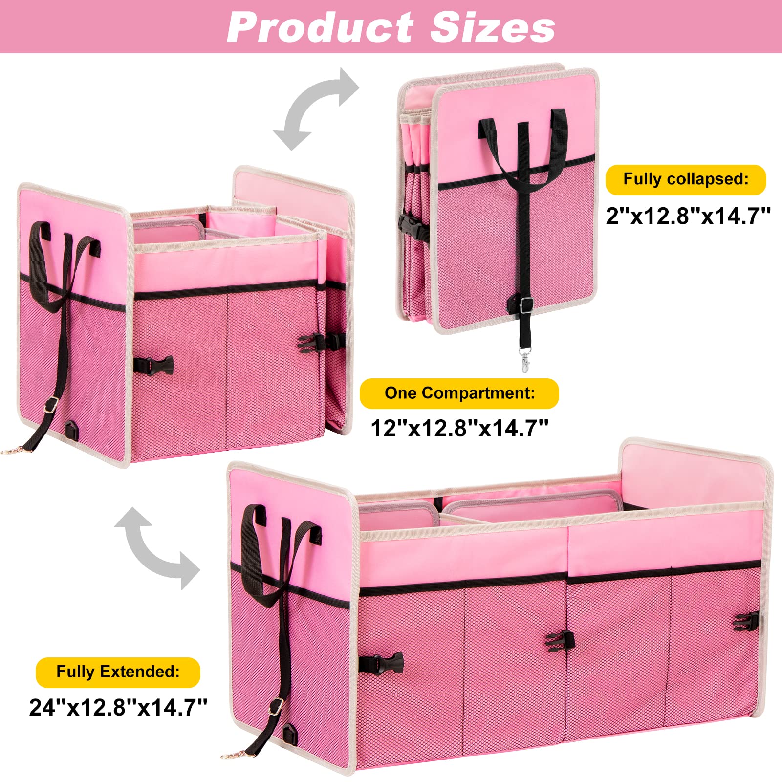 Collapsible 75L Large Capacity Car Trunk Organizer with 2 Compartments - Portable SUV Storage for Travel, Groceries & Sports Gear (Pink)