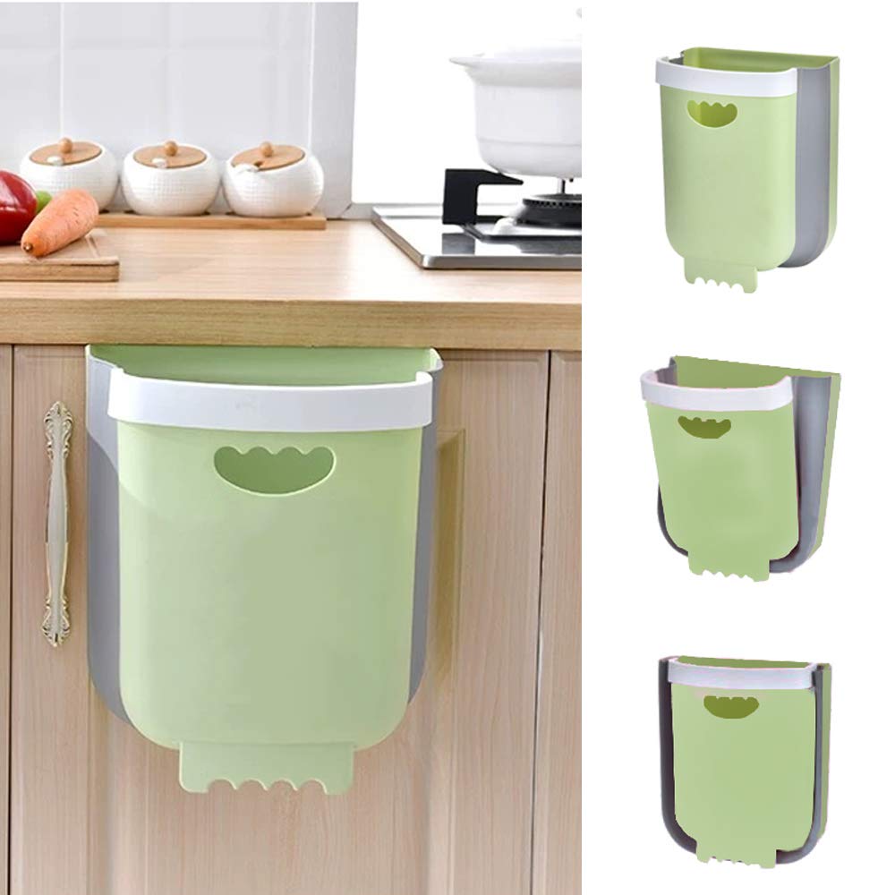 Collapsible Hanging Trash Can - 10L/2.6 Gallon Small Garbage Bin for Kitchen Cabinet Door | Portable Folding Waste Container for Home, Office & Outdoor Use | Space-Saving Green Plastic Recycling Bin (Green)