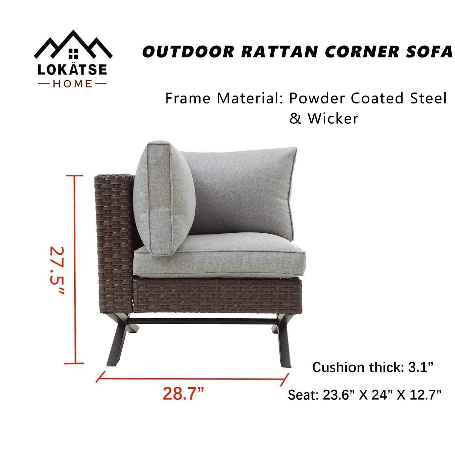 LOKATSE HOME Rattan Corner Sofa with X-Shape Legs & Cushions - Outdoor Patio Furniture, Right-Arm Lounge Chair for Garden, Poolside, Backyard - Brown Wicker Seating for Relaxing & Entertaining