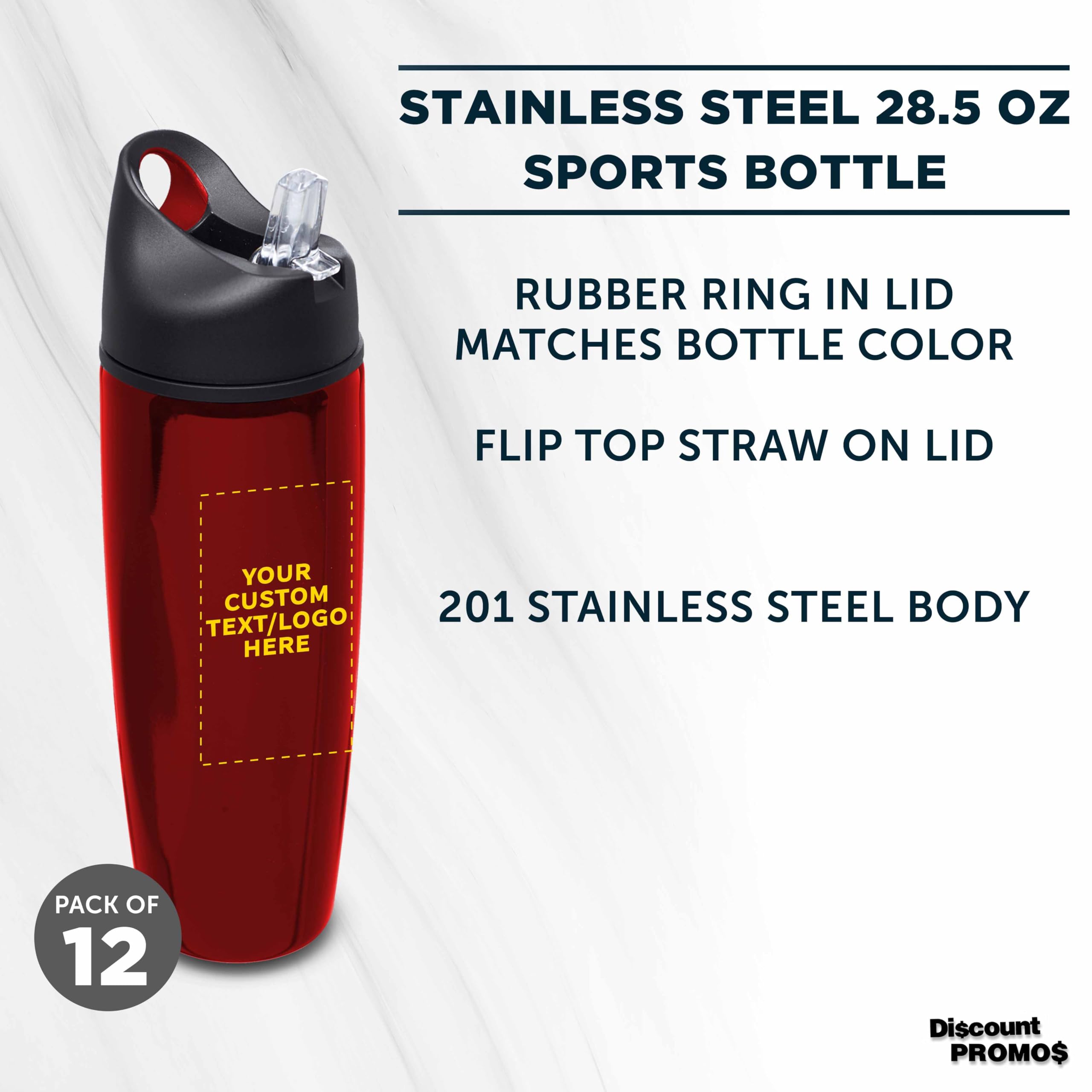Custom Stainless Steel Water Bottle 12 Pack - 28.5 oz Personalized Metal Sports Bottles with Flip Top Lid & Easy Carry Handle | Bulk Promotional Drinkware for Gym, Office, Team Events & Outdoor Activities