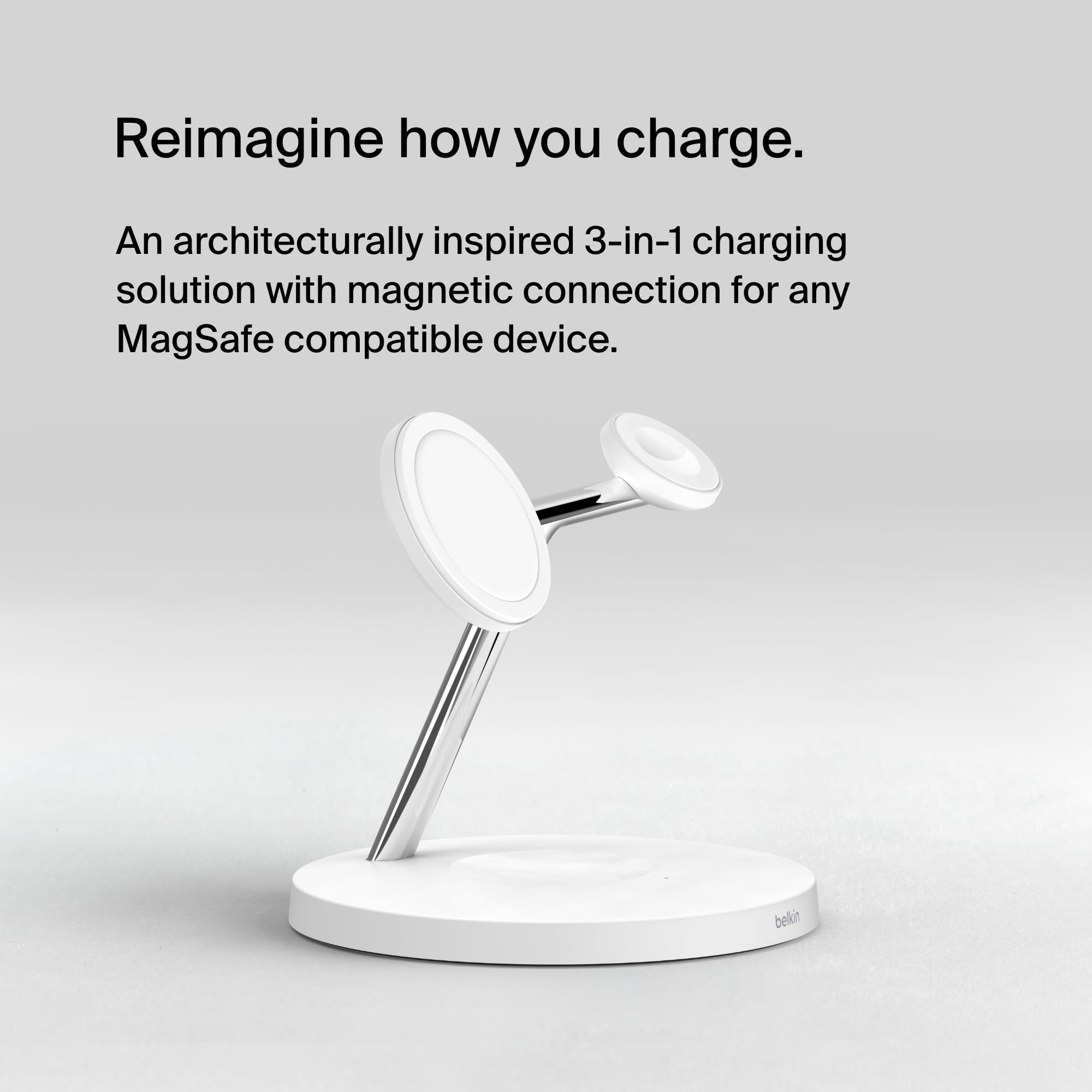 Belkin MagSafe 3-in-1 Wireless Charging Station - 15W Fast Charger for iPhone 16/15/14/13/12 Series, Apple Watch 10/9/8/SE/Ultra & AirPods - White | Perfect for Bedside, Office Desk & Travel Charging