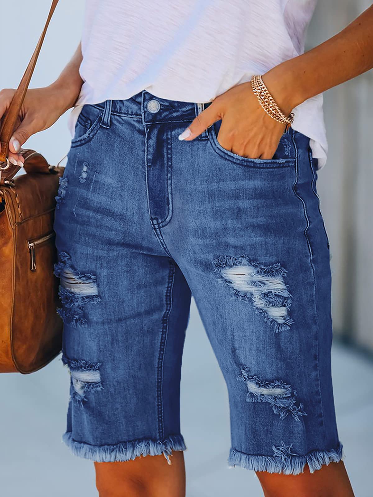 Govc Women's High Rise Ripped Stretchy Denim Bermuda Jean Shorts - Frayed Raw Hem Distressed Denim Shorts for Summer Casual Wear & Beach Outfits