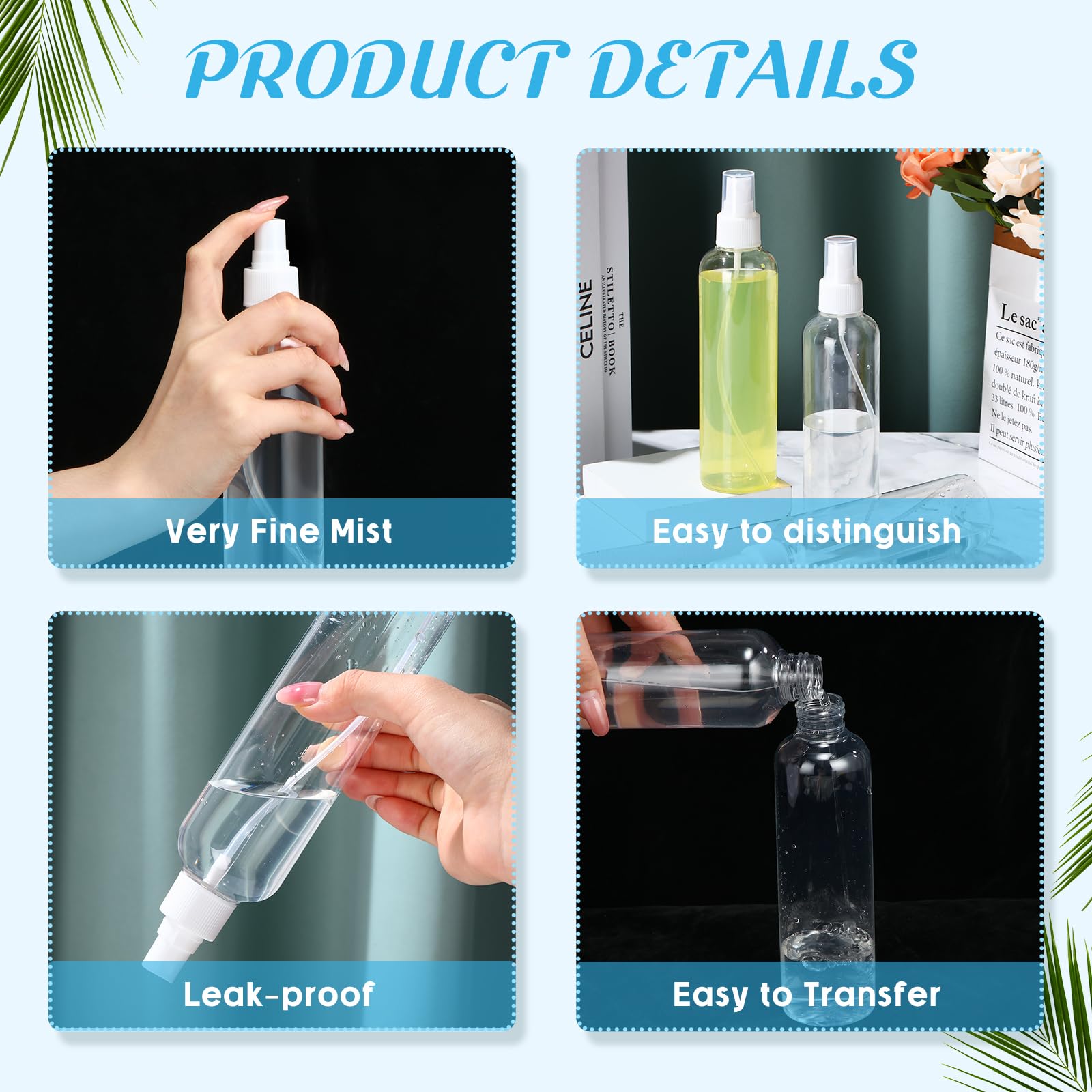 Tanlade 100 Pack 8 oz Clear Empty Spray Bottles with Fine Mist Pump - Refillable Plastic Misting Bottles for Hair Care, Essential Oils, Beauty Products, Cleaning Solutions & Travel - Perfect for Salons, Home Use & DIY Projects (White)