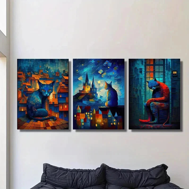 3-Piece Metal Print Wall Art - Cat Sitting on Roof Under Starry Night - Ready to Hang Home Decor for Living Room, Bedroom & Office