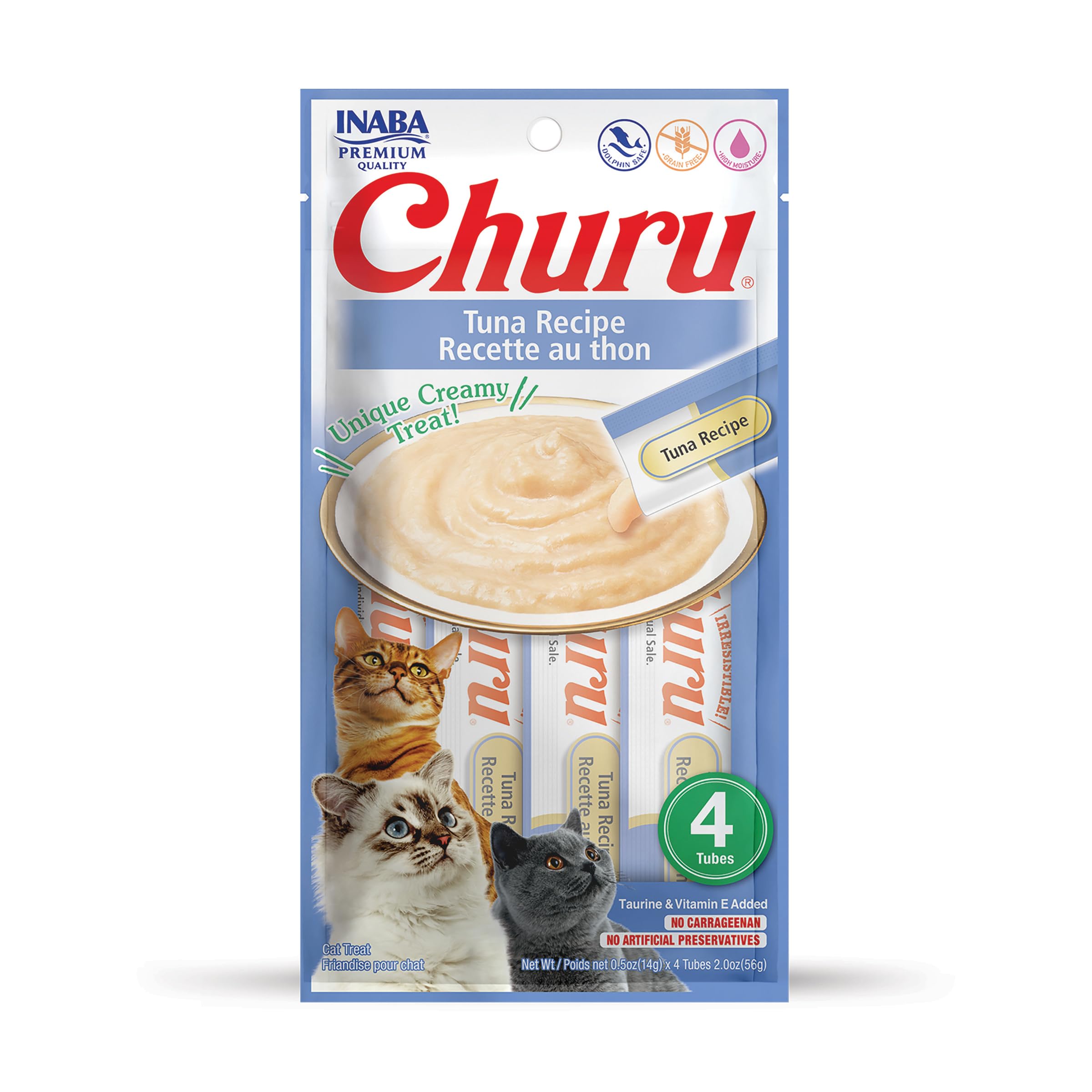 INABA Churu Lickable Purée Natural Cat Treats - Tuna Flavor (4 Tubes) | Grain-Free Wet Cat Snacks for Hydration & Training | Perfect for Picky Eaters & Senior Cats