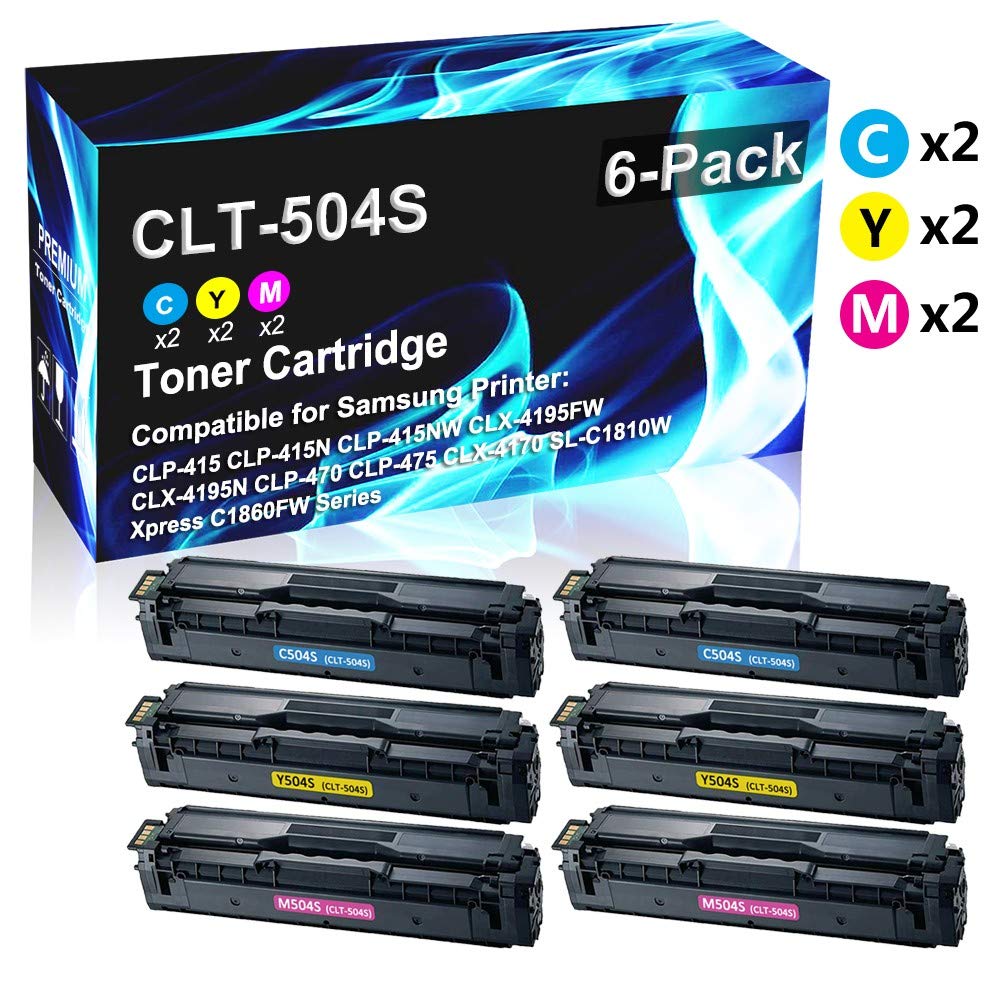 6-Pack (2C+2Y+2M) Samsung CLT504S/504S/CLT-504S Compatible Toner Cartridge | High Yield Replacement for CLP-415/470/CLX-4195/SL-C1810W/Xpress C1860 Printers | Perfect for Office & Home Laser Printing Needs