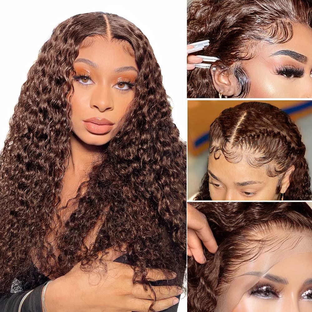 FTQZKEY 13x4 Brown Curly Lace Front Human Hair Wig 22 Inch - Chocolate Brown Water Wave HD Transparent Lace Wig with 5 Free Gifts | Perfect for Daily Wear, Cosplay & Special Occasions