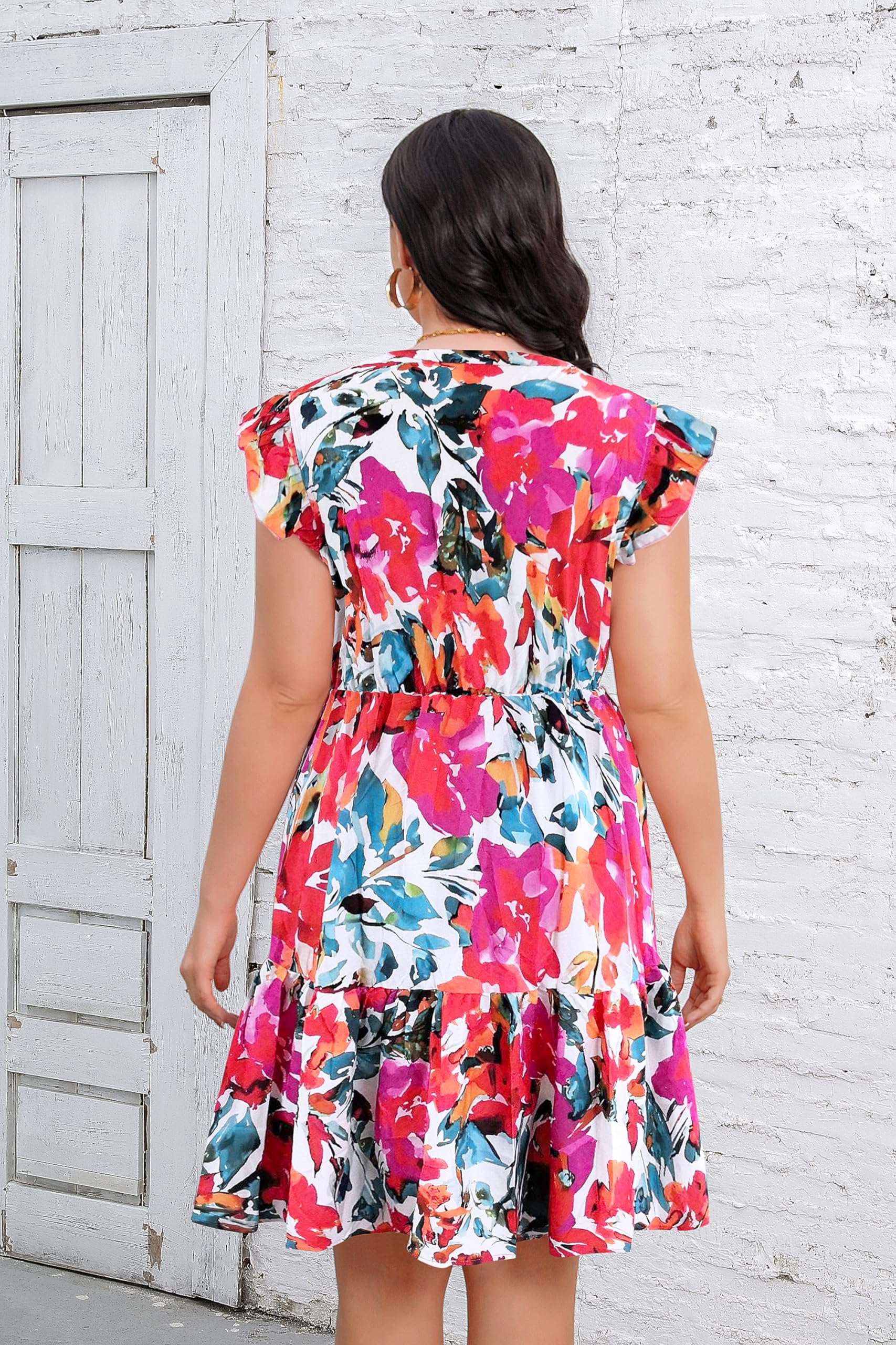 IN'VOLAND Plus Size Summer Floral Dress for Women - Short Sleeve Ruffle Beach Dress with Pockets | Casual Outfit for Vacation, Pool Party & Date Night