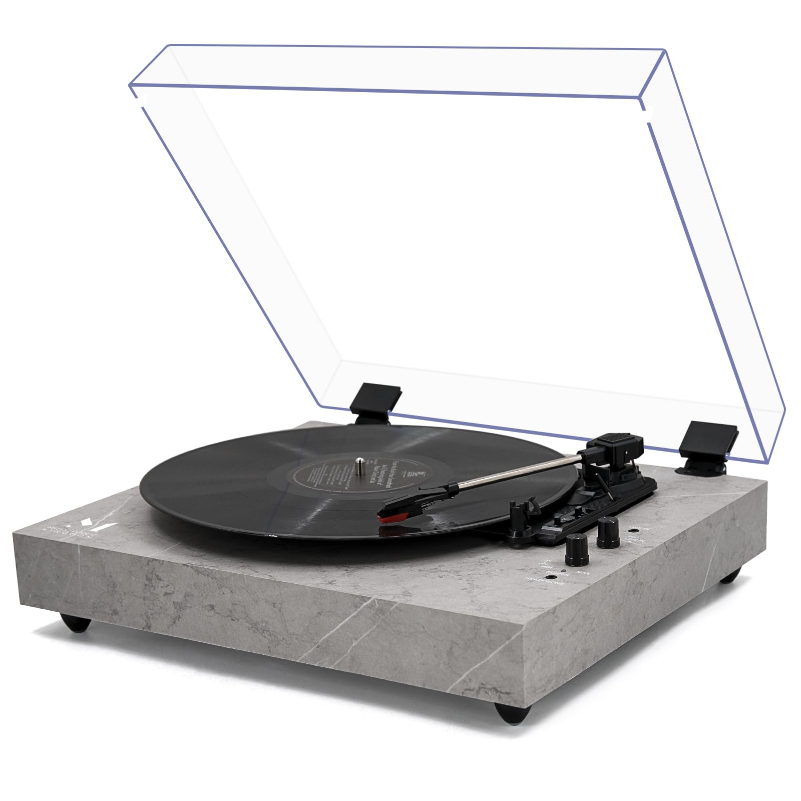 Vintage 3-Speed Wireless Turntable with Built-in Stereo Speakers - Auto Stop, RCA Output, Full Size Platter & Acrylic Dust Cover - Black Marble Record Player for Home Entertainment & Vinyl Collection