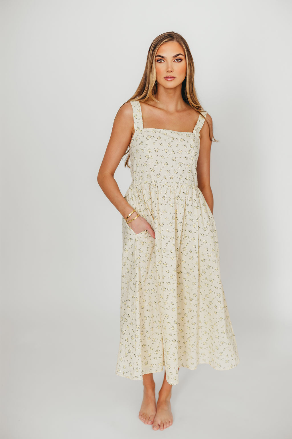 Tinsley 100% Cotton Floral Print Midi Dress - Cream | Women's Summer Casual Dress for Beach, Brunch & Date Night