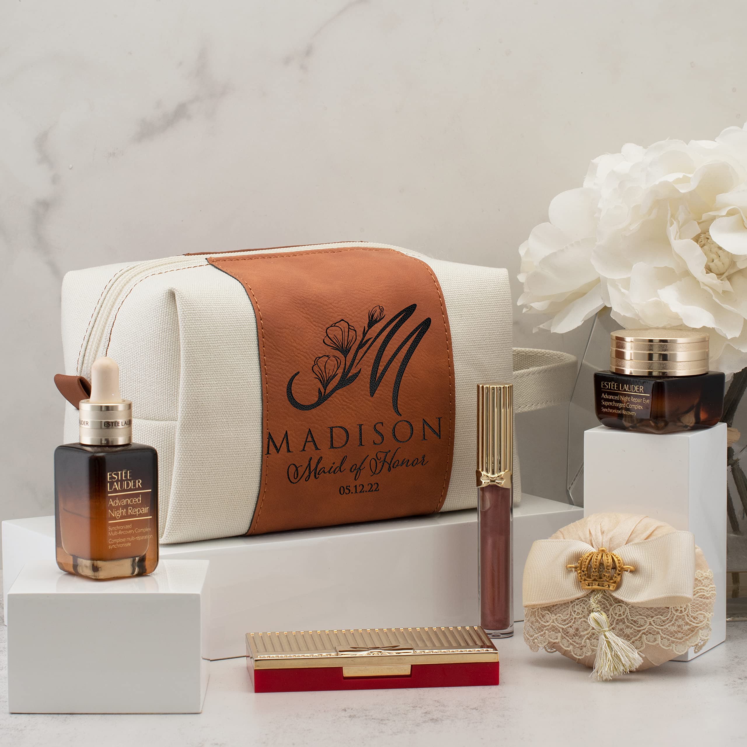 Personalized Bridesmaid Gifts Set of 10 - Custom Toiletry Bags for Women with Name, Title & Date - 3 Designs & 4 Colors - Perfect for Bridesmaid Proposals, Bridal Showers & Bachelorette Parties (Chestnut)