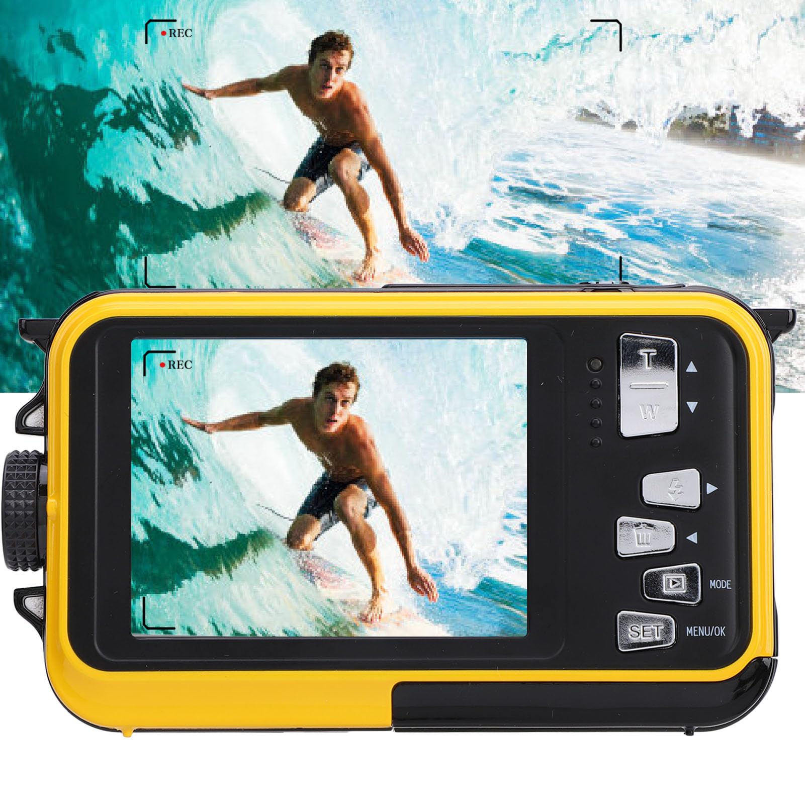 2.7K Underwater Camera 48MP - 11FT Waterproof Digital Camera with Dual Screen & Autofocus, Compact Floating Action Camera for Snorkeling, Diving, Swimming & Beach Vacations (Yellow)