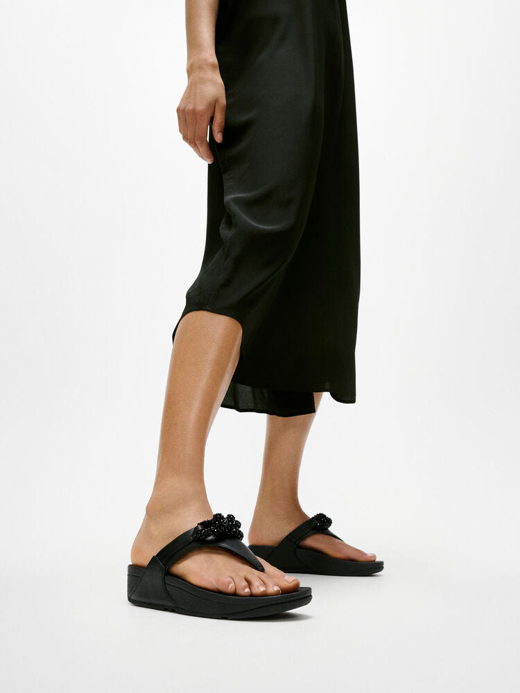 FitFlop Lulu Beaded Chain Leather Sandals for Women - Comfortable Black Slide Sandals with Adjustable Straps | Perfect for Beach, Vacation & Summer Outfits