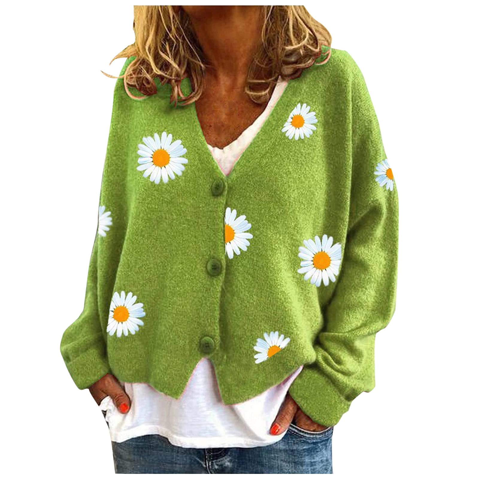 Women's Daisy Print Cropped Cardigan Sweater - Warm Long Sleeve V-Neck Knit Top for Fall/Winter | Office Wear, Casual Outfits & Layering Essential