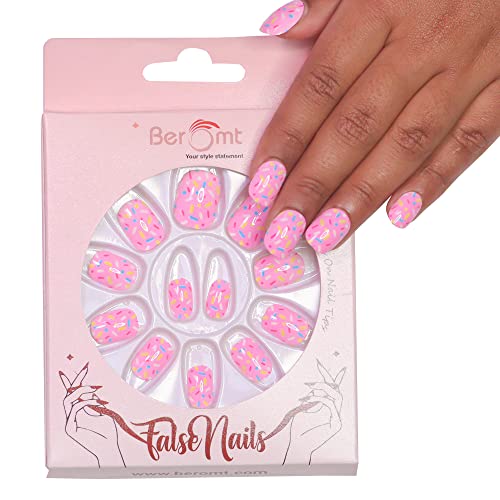 Beromt Full Set Fake Nails - Beautiful Multicolor Printed Press-On Nails for Kids (Style BFN59KN) | Perfect for Birthday Parties, Halloween Costumes & Dress-Up Play