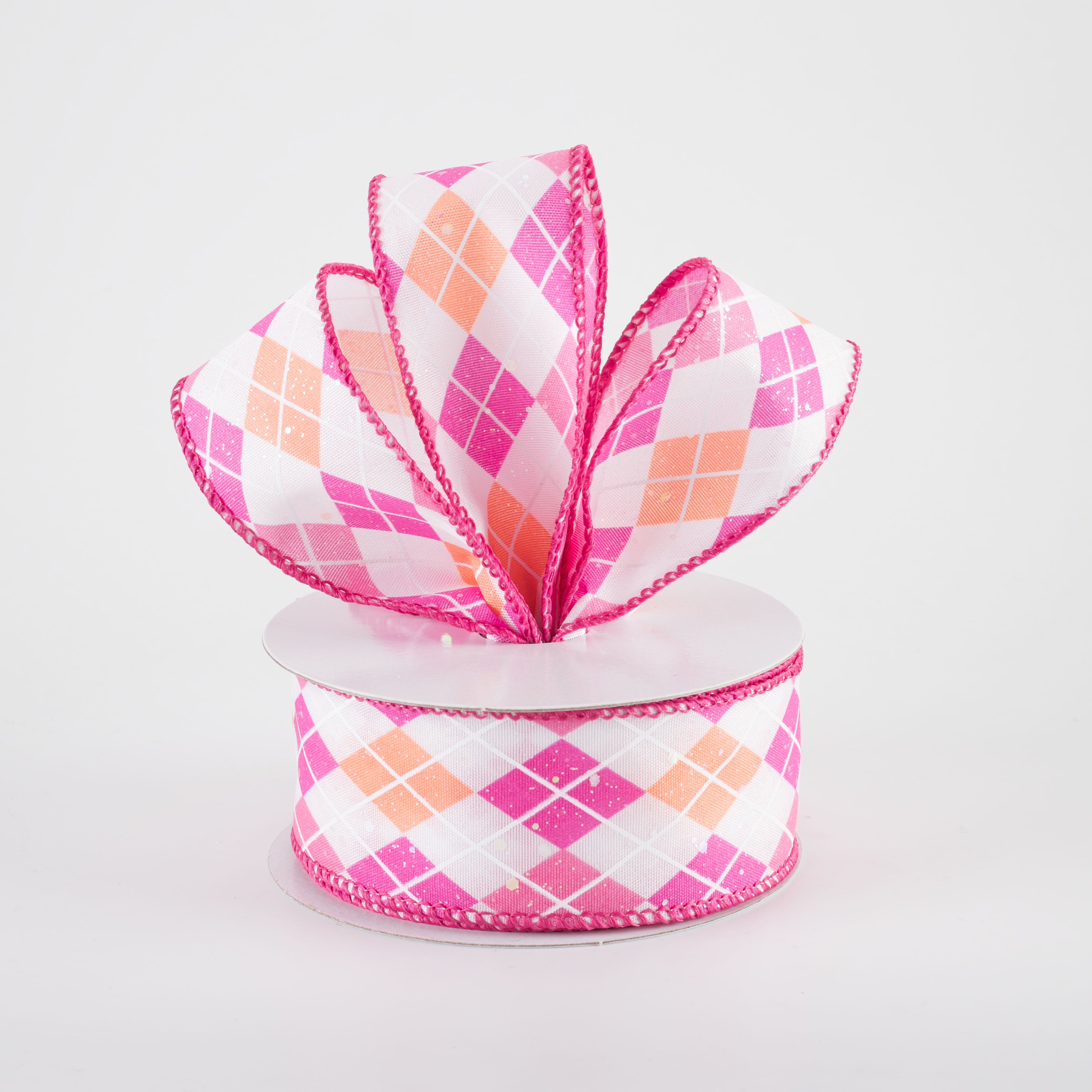 1.5 Inch Iridescent Argyle Ribbon - White, Pink, Fuchsia & Peach - 10 Yards Bulk Roll for Gift Wrapping, Wedding Decorations, DIY Crafts & Hair Bows