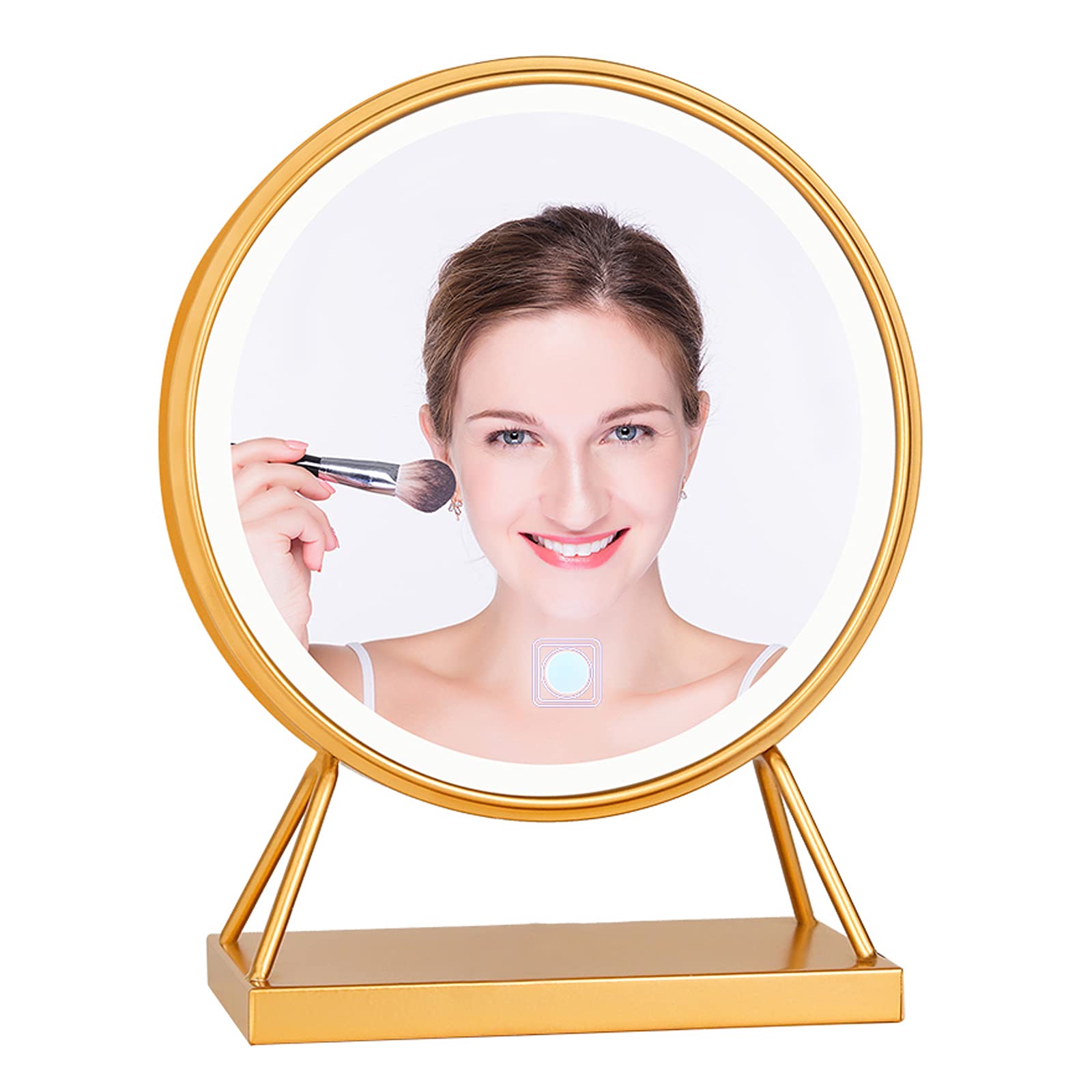DSJGVN HD Round LED Makeup Mirror with Touch Screen & Dimmable Light - 38x30cm Golden Vanity Mirror with Metal Bracket for Dressing Table - Perfect for Bedroom, Bathroom & Professional Makeup Application