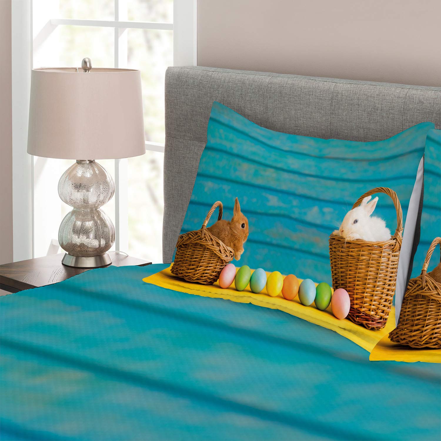 Ambesonne Easter Bunny Bedspread Set - Queen Size 3 Piece Coverlet with 2 Pillow Shams, Pastel Blue Wooden Background with Dyed Eggs Design, Soft Quilted Decorative Bedding for Spring, Easter Decorations & Cozy Home Decor