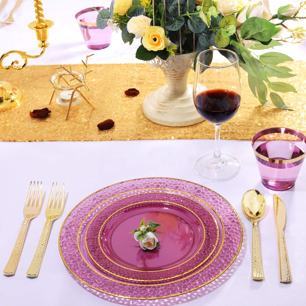 150-Piece Clear Purple & Gold Plastic Party Tableware Set - 25 Dinner Plates, 25 Dessert Plates, 25 Cups, 25 Forks, 25 Knives, 25 Spoons - Elegant Wedding, Birthday & Special Event Disposable Tableware for Easy Cleanup