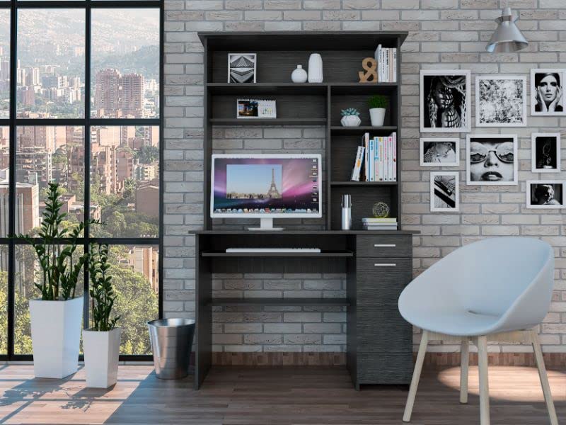 Weston 180 Two Computer Desk with Hutch - Retractable Keyboard Tray, Storage Drawer, CPU Stand & 6 Open Shelves in Smokey Oak Finish | Perfect for Home Office, Gaming Setup & Small Workspace