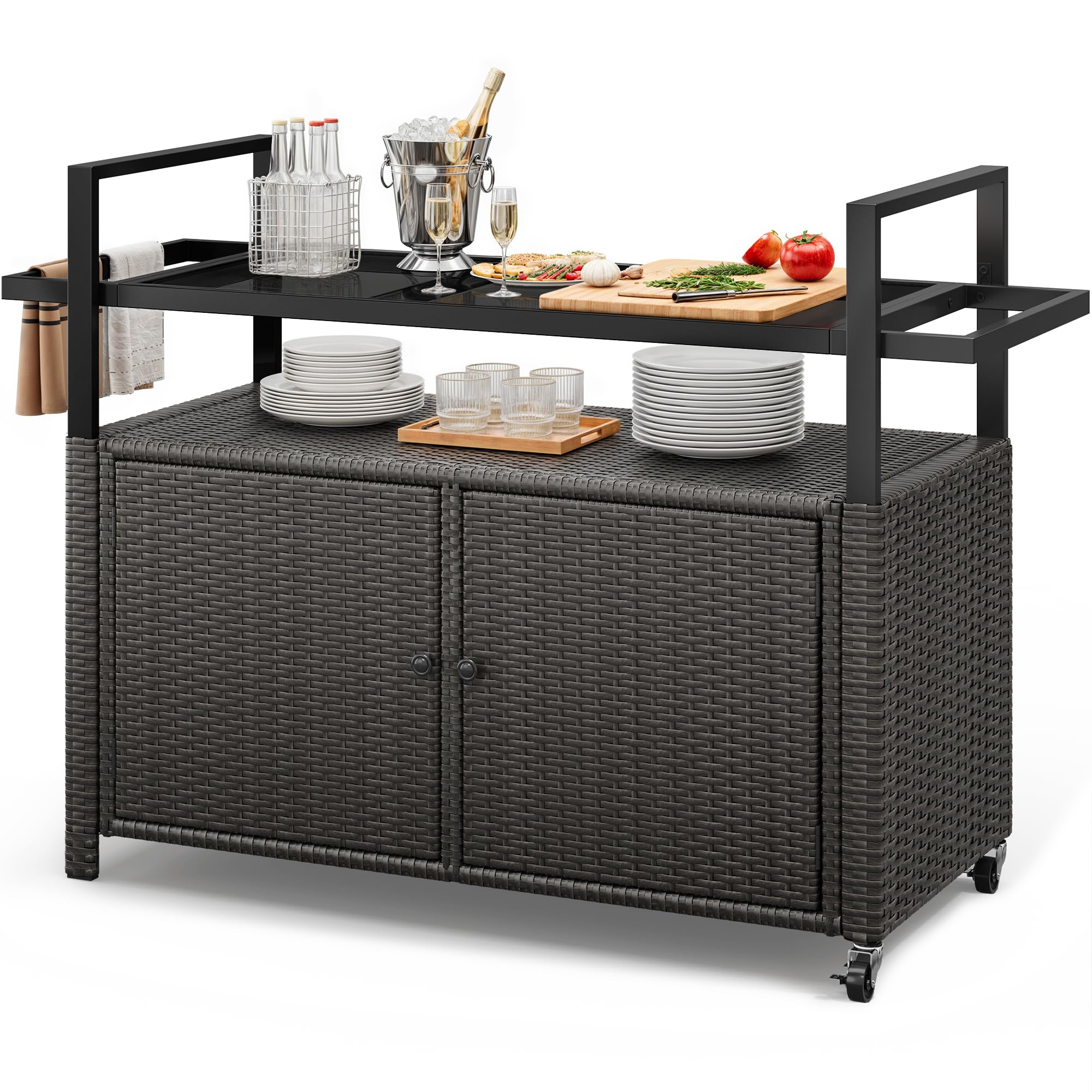 YITAHOME XL Outdoor Storage Cabinet with Wheels & Black Glass Top - Waterproof Patio Furniture for Poolside, Backyard, Garden - Dark Brown Storage Cart for Organizing Cushions, Towels & Outdoor Accessories