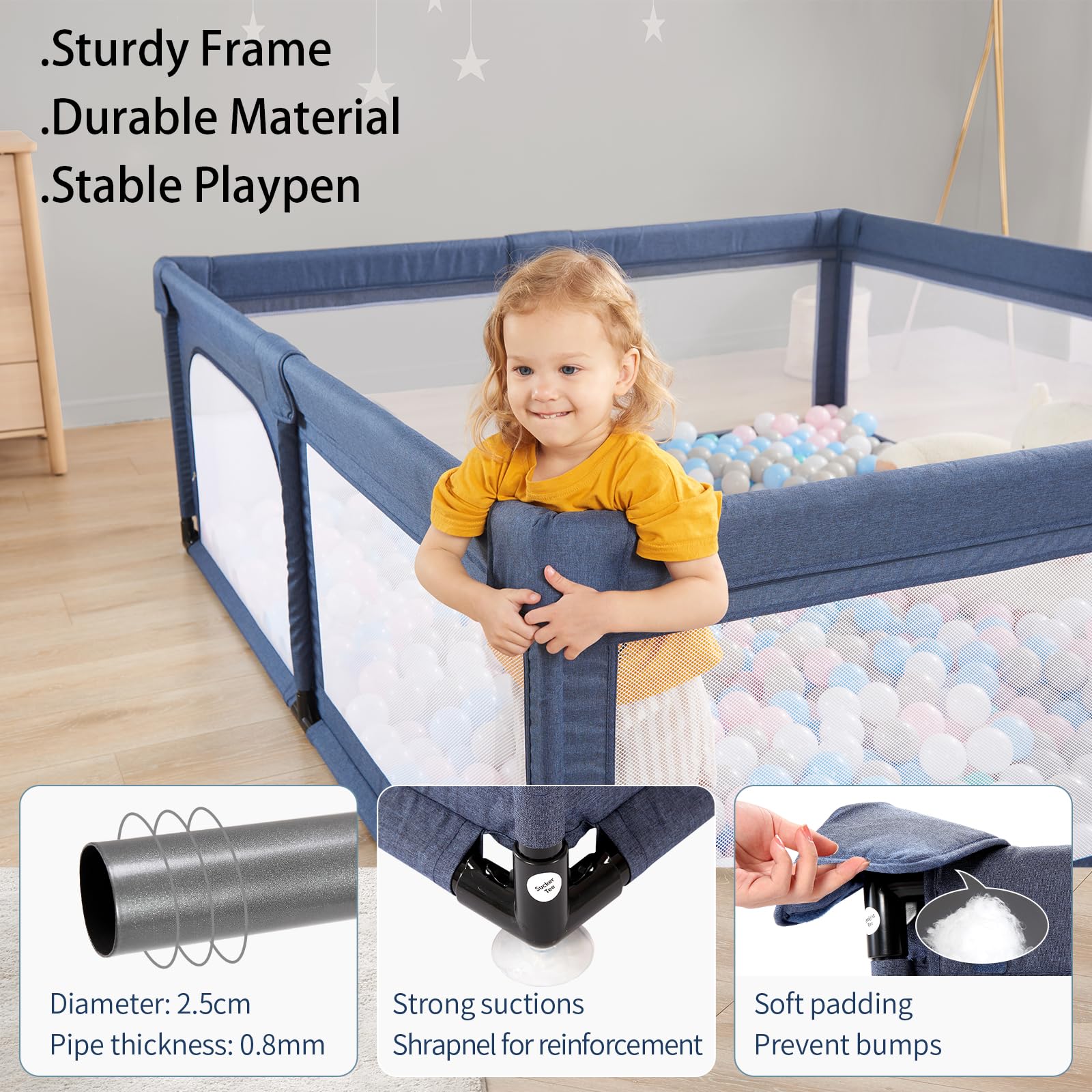 **Large Baby Playpen with Safety Gate - 79”x59” Sturdy Play Yard for Babies & Toddlers, Soft Breathable Mesh, Navy Blue - Perfect for Indoor Playroom, Nursery, or Living Room**