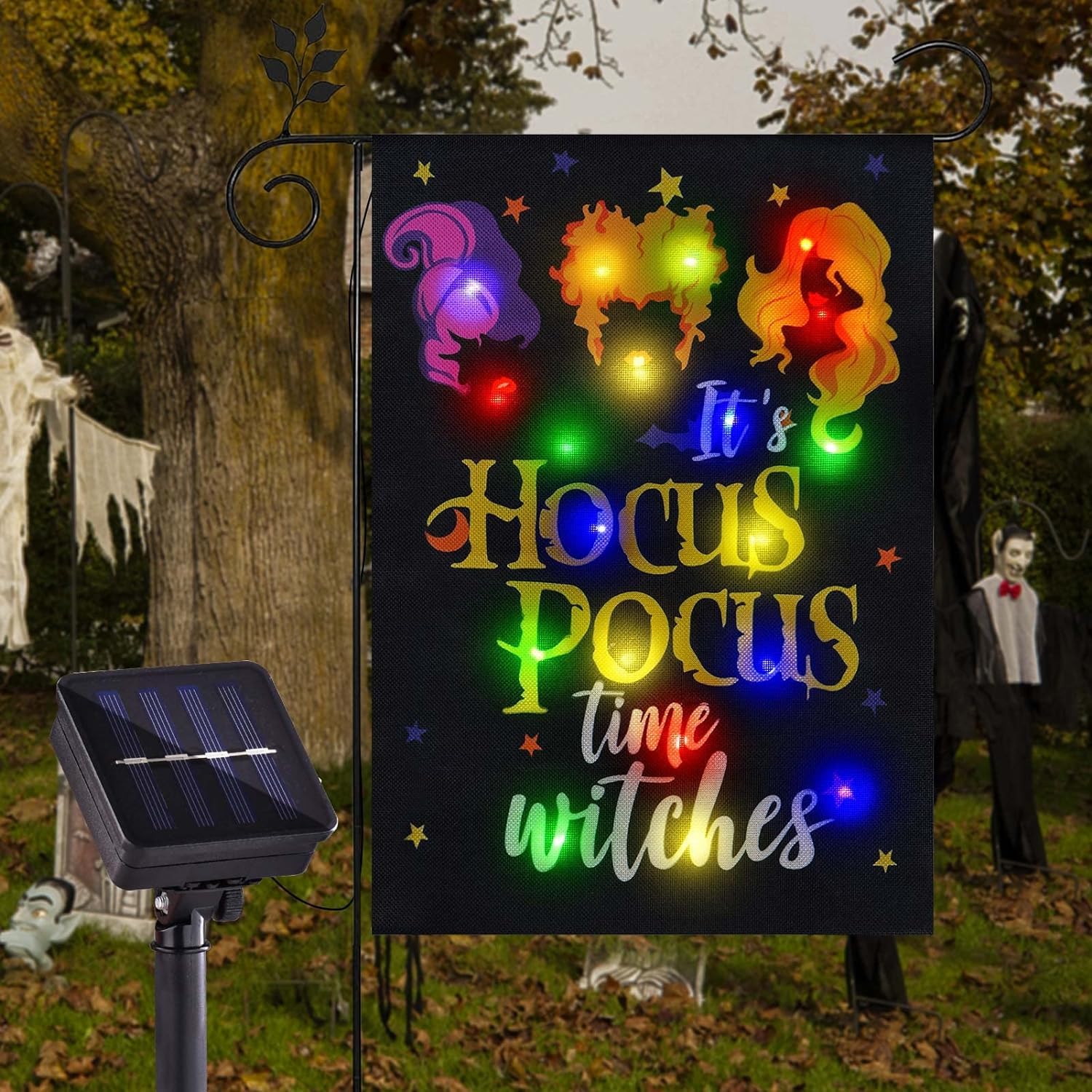 FLAGMESAG Solar-Powered Halloween Garden Flag - Hocus Pocus Witches Design for Outdoor Decor (12