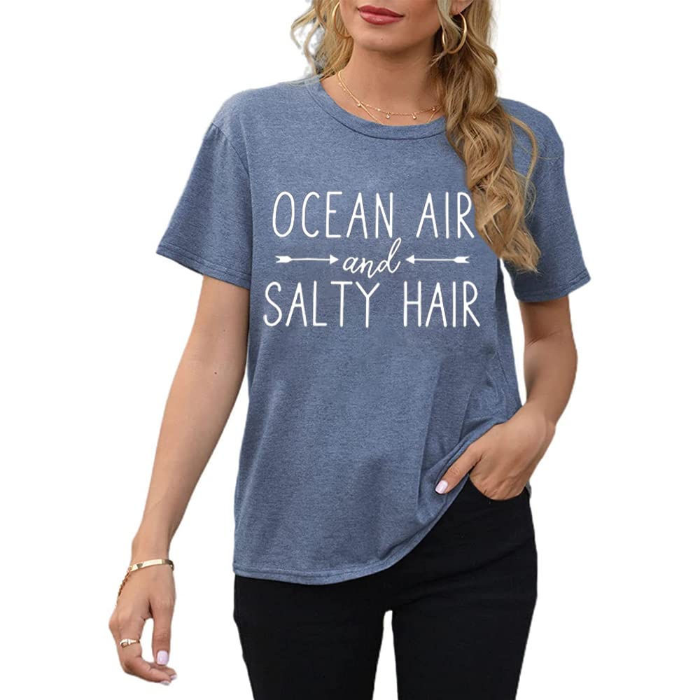 Ocean Air and Salty Hair Women's Graphic T-Shirt - Casual Short Sleeve Funny Top Tee for Beach, Vacation & Summer Outfits | Athletic Fit Cotton Shirt