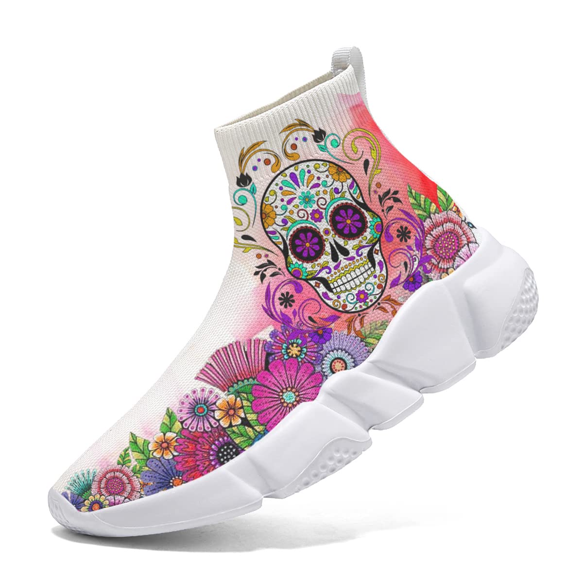 Hetios Women's Fashion Skull Print Slip-On Sneakers - Knit Breathable Running Shoes for Jogging, Walking & Casual Wear - White Athletic Shoes for Women (Perfect for Gym, Workout & Street Style)