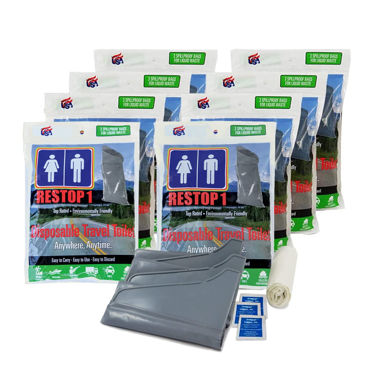 Portable Toilet Waste Bags for Liquids Only - Leak Proof Urinal Bags with Toilet Paper & Wet Wipes (8 Packs, 3 Bags Each) - Ideal for Camping, Travel, and Emergency Use