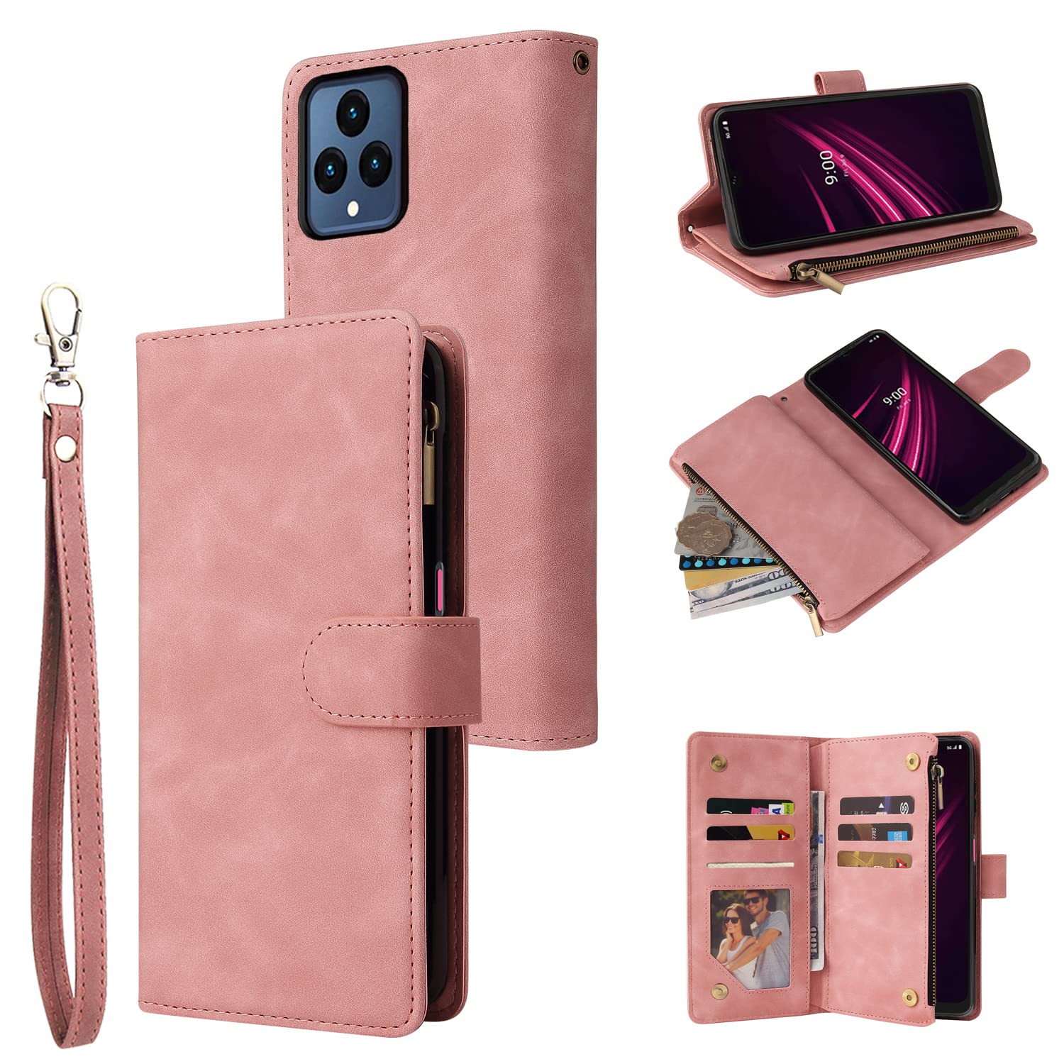 Premium PU Leather Zipper Flip Wallet Case for T-Mobile REVVL 6/6X 5G - RFID Blocking with Wrist Strap & Magnetic Closure | Protective Phone Cover for Daily Use, Travel & Business (Pink)