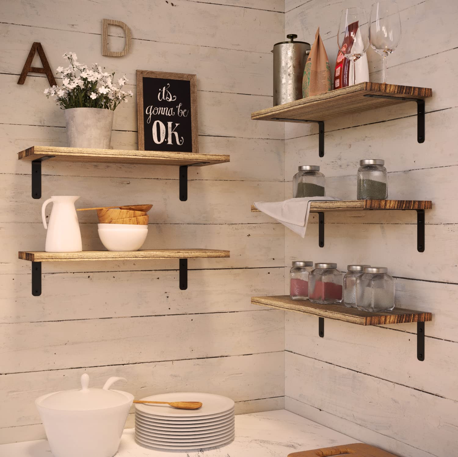 RICHER HOUSE Set of 5 Rustic Wood Floating Shelves - Farmhouse Style Wall Decor for Bathroom, Bedroom, Kitchen & Living Room | Carbonized Black | Perfect for Home Storage & Displaying Decorative Items