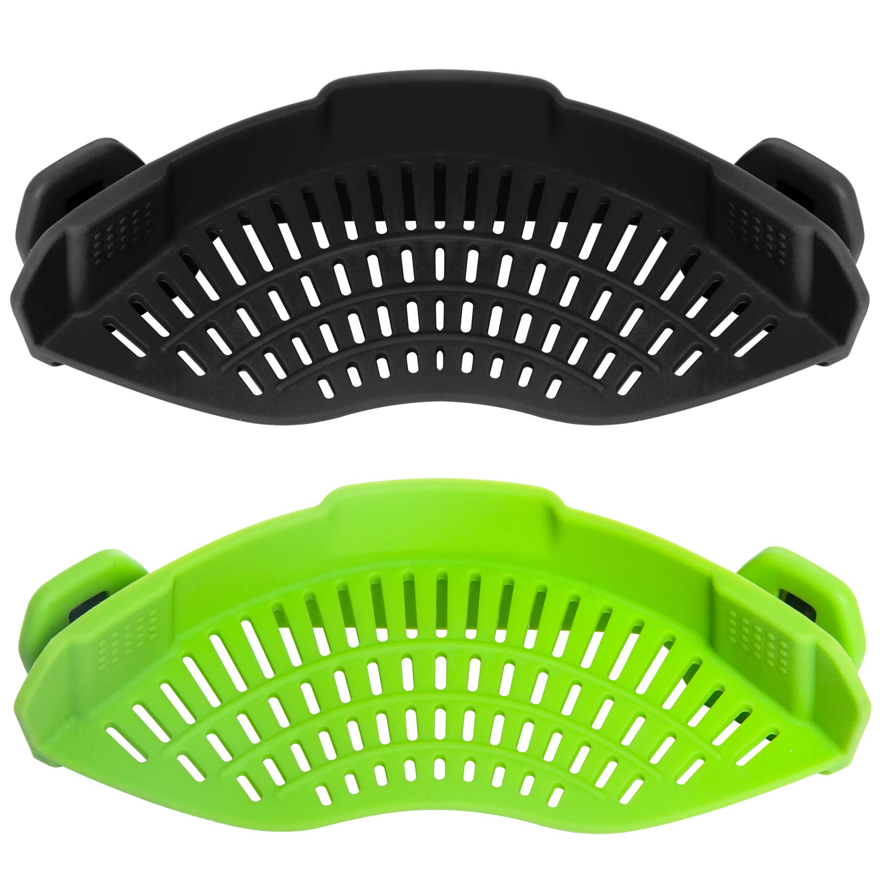 AUOON Clip-On Strainer for Pots & Pans - 2 Pack Heat Resistant Silicone Colander - Easy to Use, Store & Dishwasher Safe (Black/Green) - Perfect for Draining Pasta, Vegetables & Washing Fruits