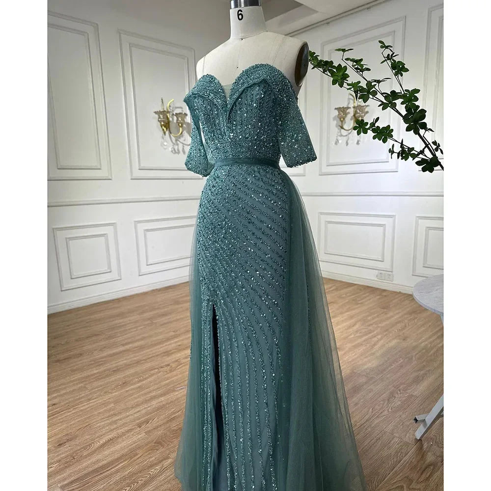 Elegant Nude Mermaid Evening Dress with Overskirt & Beaded Off-Shoulder Design for Women's Party, Prom & Special Occasions - LA71728
