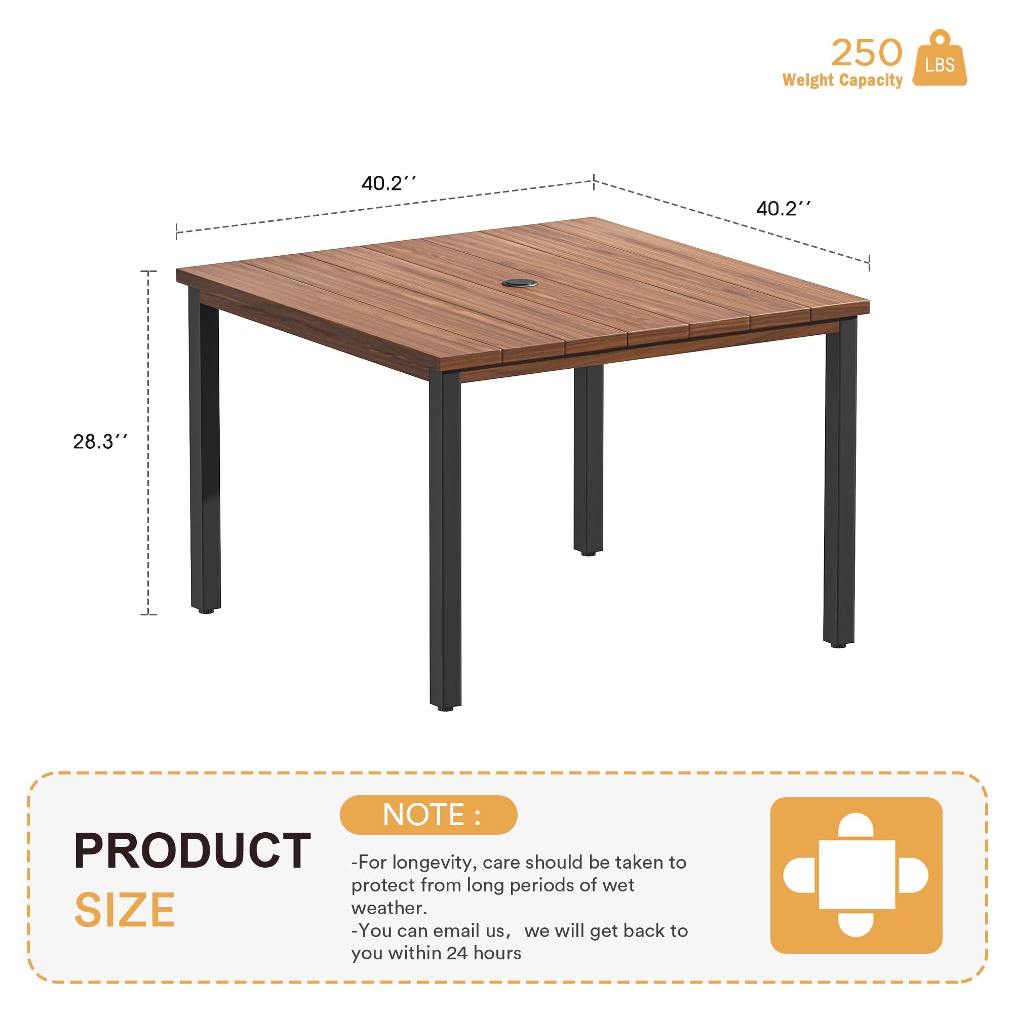 VICLLAX 40.2 Inch Square Outdoor Dining Table for 4 People - All-Weather Metal Patio Table with Umbrella Hole - Walnut Wood-Like Tabletop - Perfect for Garden, Lawn, Backyard, and Poolside Dining