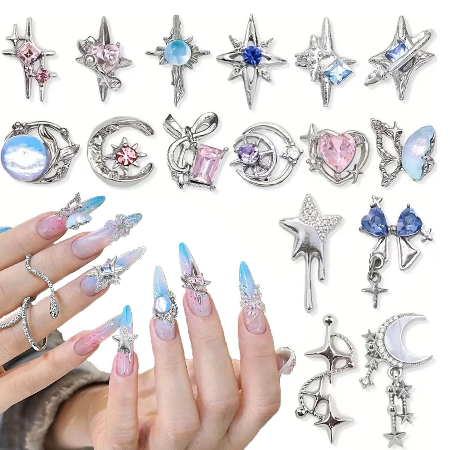 16 Styles Cute Moon & Star Y2K Nail Charms - Silver Alloy Luxury Dangle Charms for Acrylic Nails, Nail Gems & Rhinestones - Shiny Crystal Metal Nail Art Jewelry Supplies for DIY Manicure - Perfect for Parties, Weddings & Salon Nail Designs