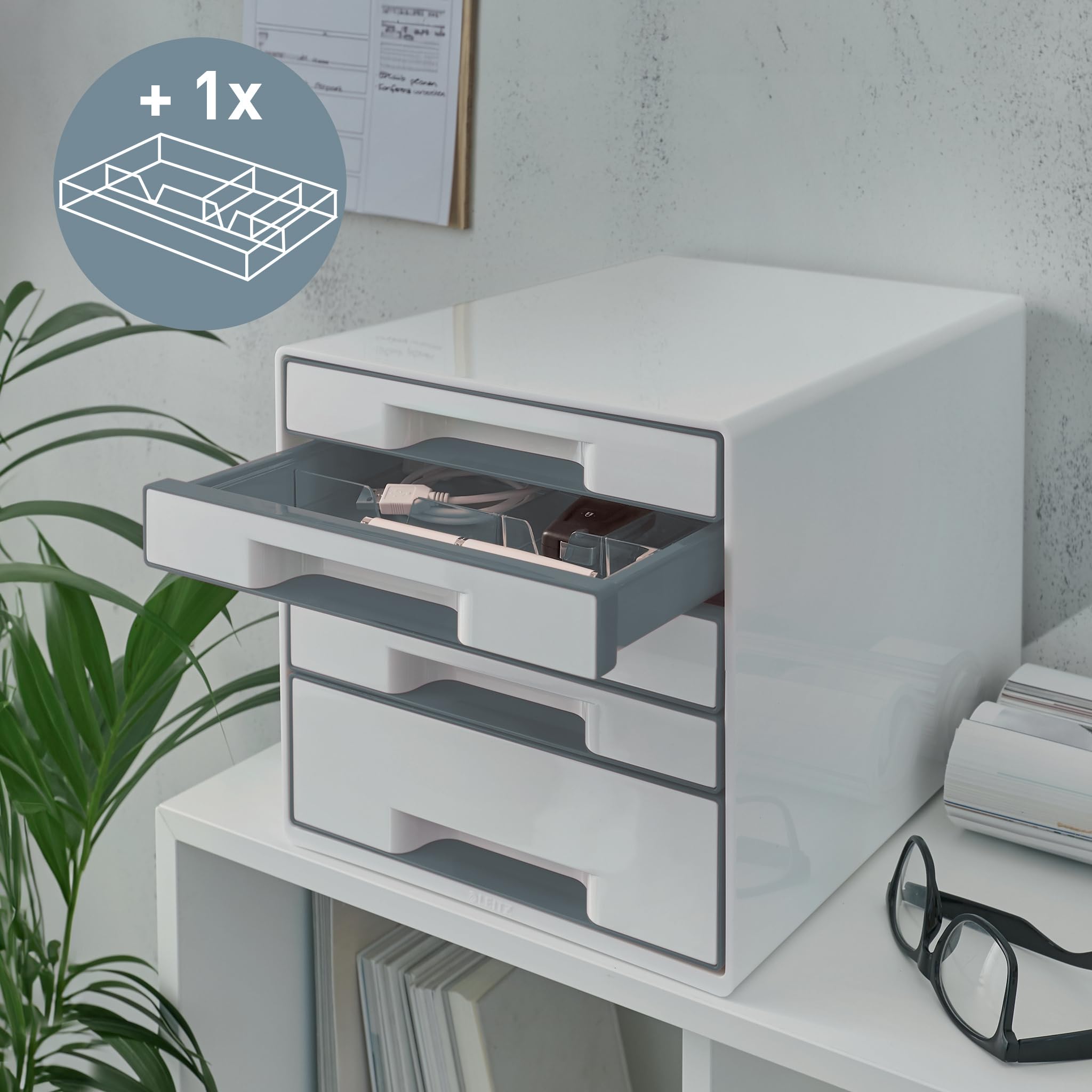 Leitz CUBE 4-Drawer Organizer Box - White/Grey A4 Size with Clear Drawer Inserts (52142001) - Perfect for Office, Home & School Storage Solutions