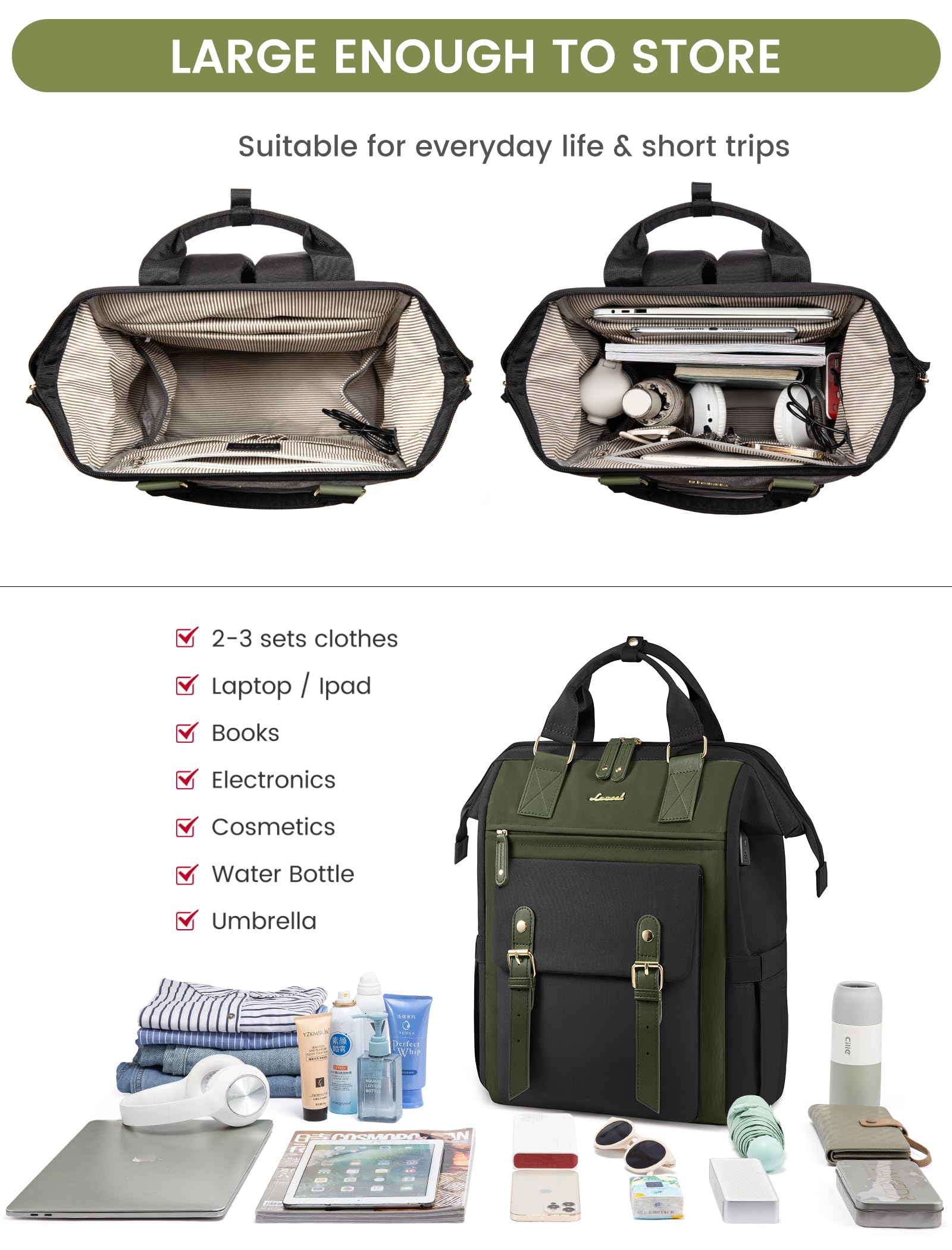 LOVEVOOK 15.6 Inch Laptop Backpack for Women - Waterproof Work Travel Backpack with Wide Opening, Professional Nurse Teacher Doctor Business Bag, College School Backpack (Black-Army Green) - Perfect for Office Commute, Business Trips & Campus Life