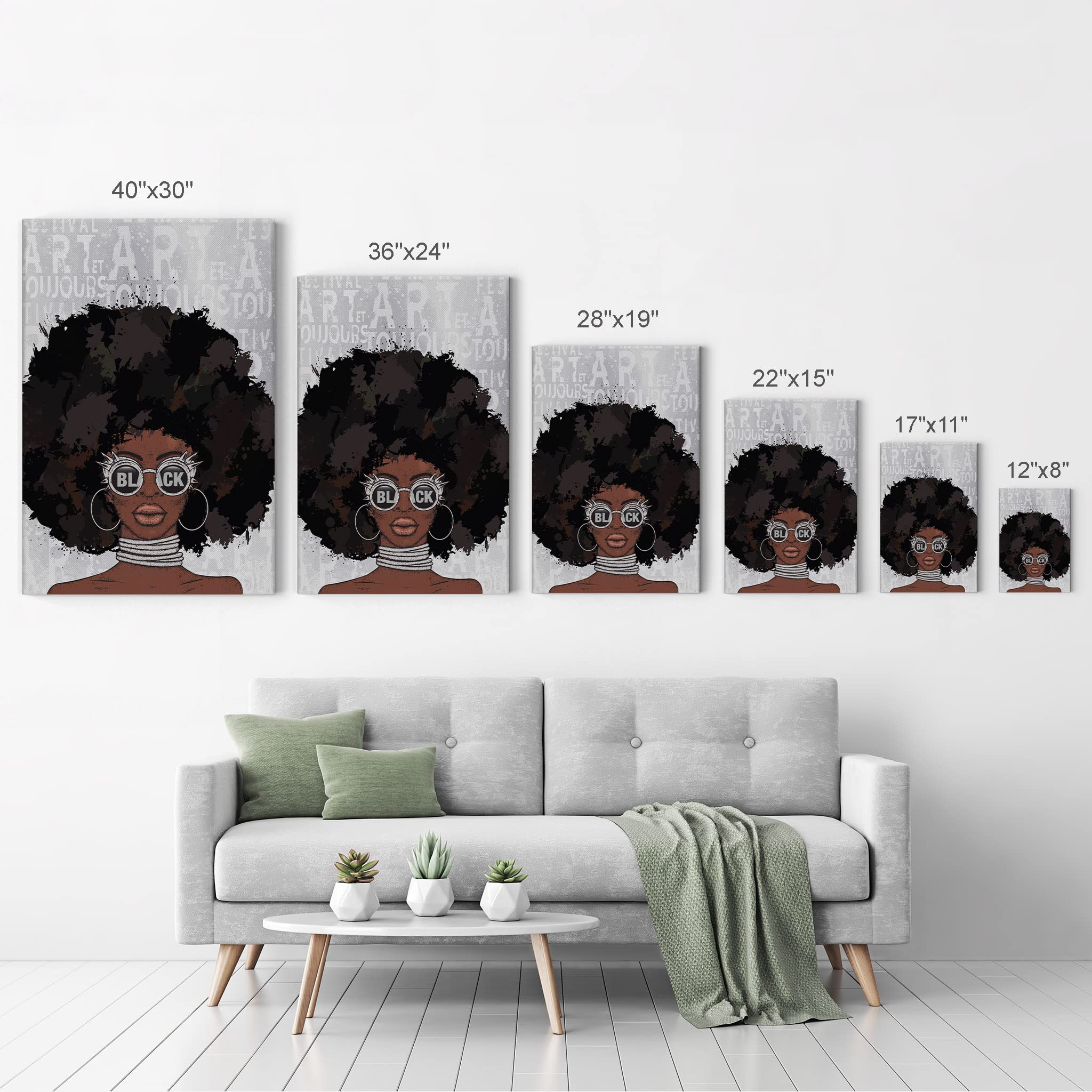 Afro Woman Canvas Wall Art Print - African American Girl Pop Art with Gray Graffiti & Black Sunglasses - 12x8 Inches Ready to Hang - Perfect for Vanity Room, Living Room, Bedroom & Bathroom Decor