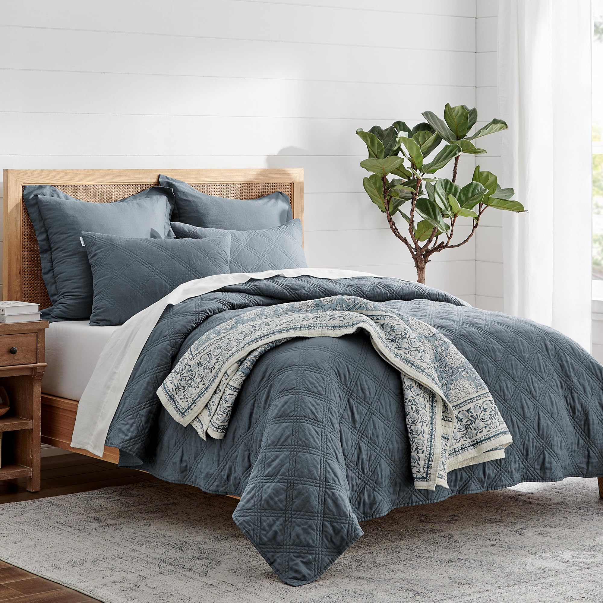 Levtex Home 100% Linen Front Cotton Back King Size Quilt Set - Washed Linen Denim Blue - 106 x 92 Inches - Luxury Bedding for Master Bedroom & Guest Room Decor