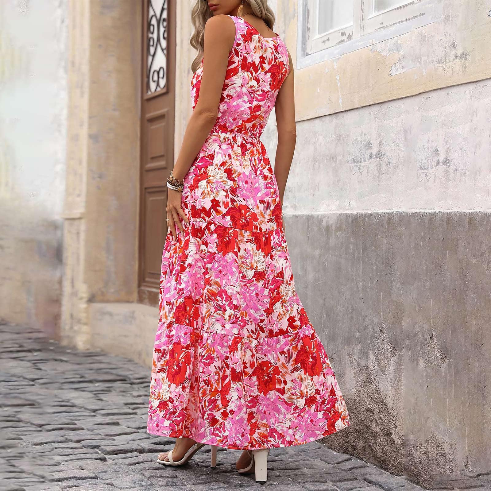 Elegant Floral Sleeveless Maxi Dress for Women - V Neck Tiered Summer Garden Party Dress | Perfect for Weddings, Beach Vacations & Outdoor Events