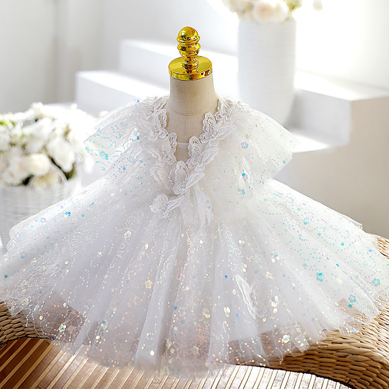 Easter Baby Girl Dress White Puffy Butterfly Sequins Party Princess Christening Gown - Perfect for Birthday, Baptism & Special Occasions