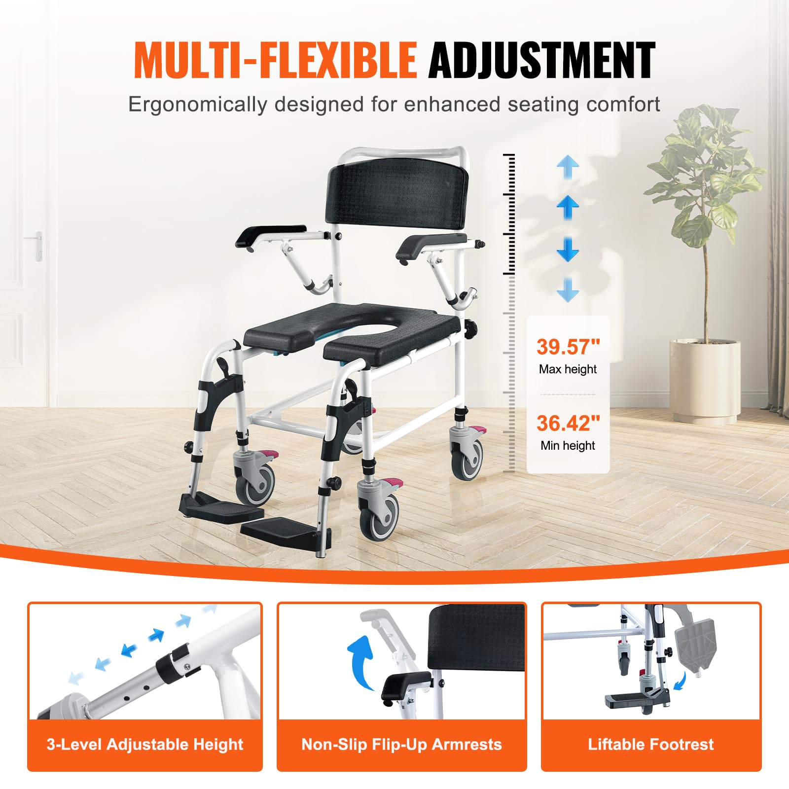 VEVOR Shower Commode Wheelchair with 4 Lockable Wheels & Adjustable Height - 350 LBS Capacity Commode Chair for Adults & Seniors - Ideal for Bathroom Safety, Elderly Care, and Post-Surgery Mobility Assistance
