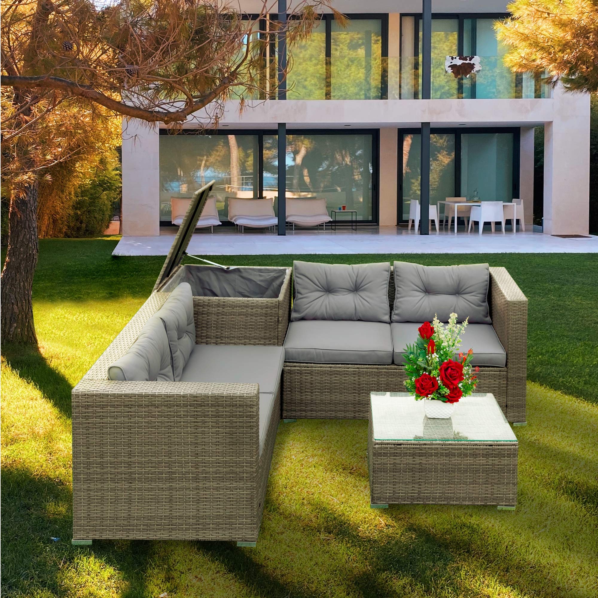 4-Piece All-Weather Outdoor Patio Furniture Set - Rattan Sectional Sofa with Storage Box, Cushions & Coffee Table - Perfect for Backyard, Garden, Poolside & Patio Relaxation